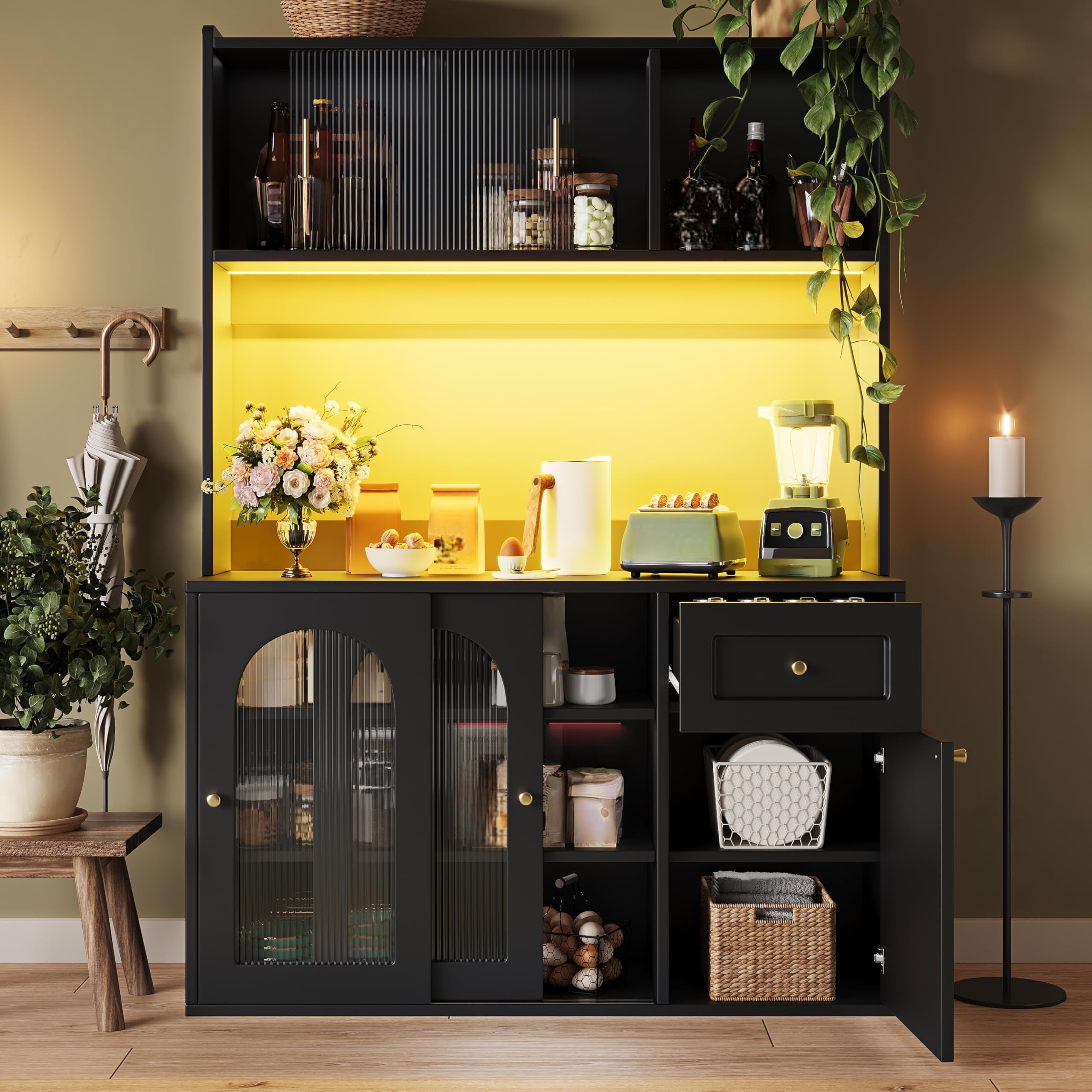 Küchenschrank mit Arbeitsplatte und LED-Beleuchtung, Buffetschrank Küchenschränke mit Verstellbaren Ablagen und Schubladen, Küchenbuffet Buffetschrank, 120x35x167 cm, Schwarz
