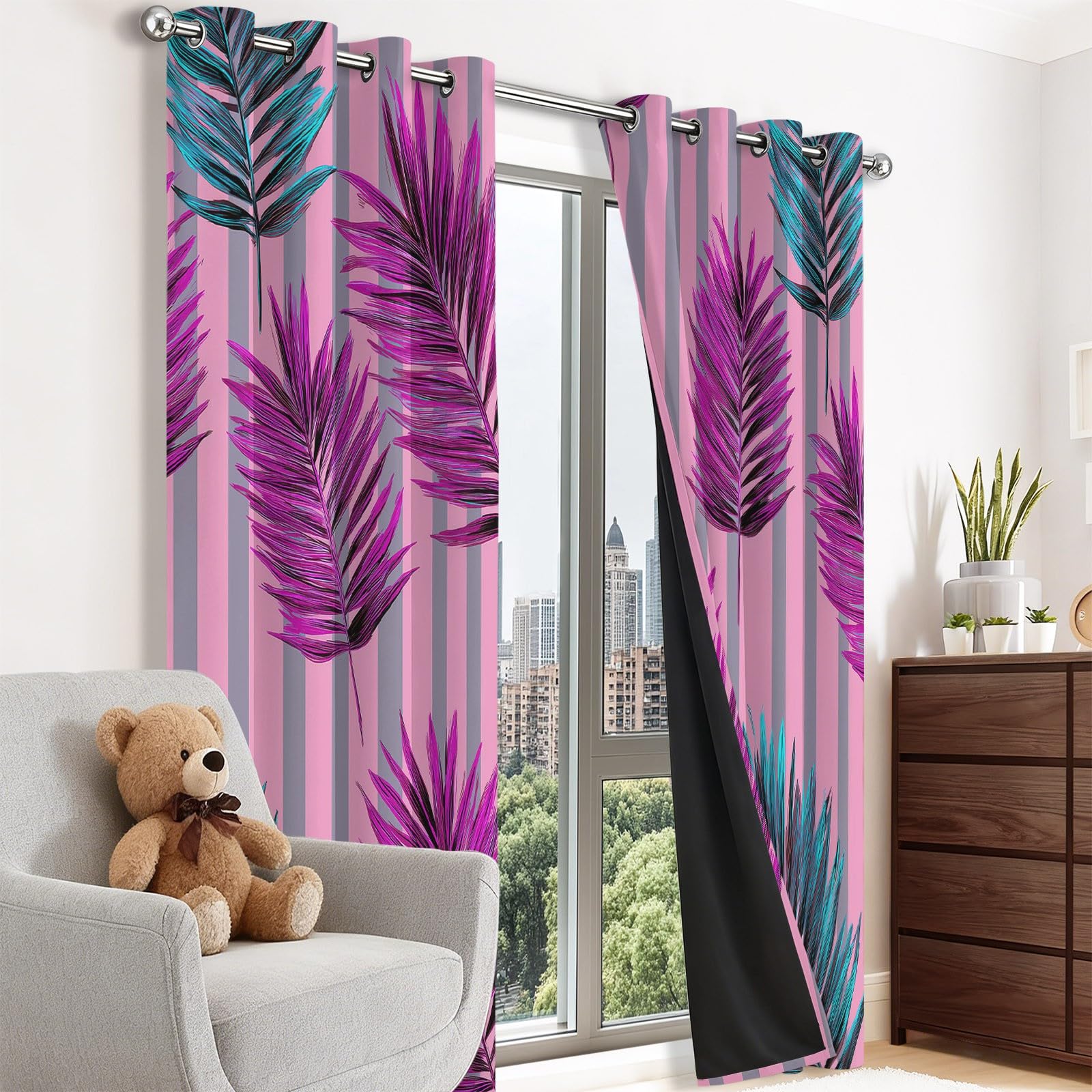 Bunt Blickdicht Vorhänge Wohnzimmer - Stilvoll Streifen Pflanze Palmenblatt Vorhänge mit Ösen Themovorhang Verdunkelungsvorhänge für Schlafzimmer Kinderzimmer, B110 x H215 cm 2er Set