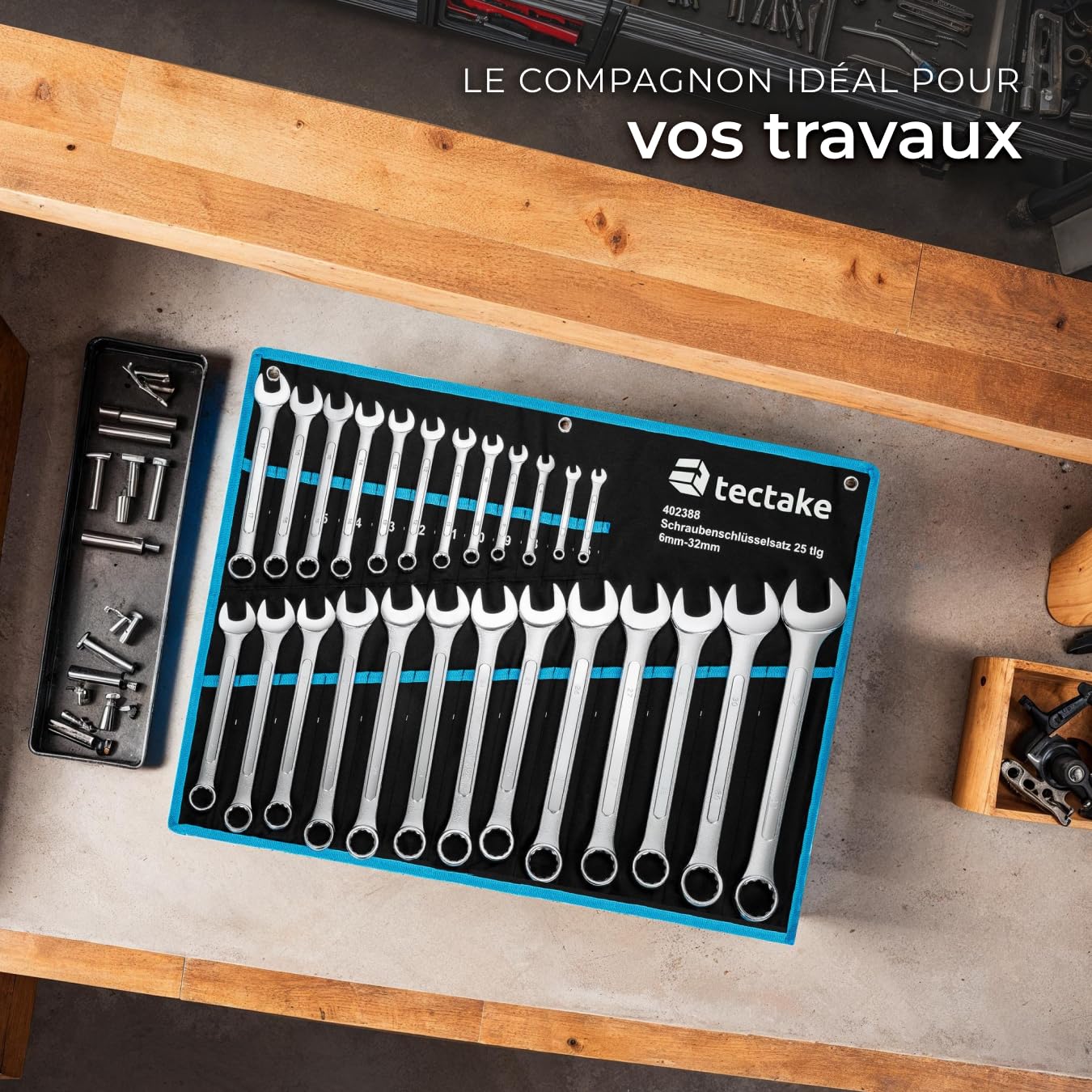 tectake® Lot 25 Clés mixtes Clés polygonales 6 à 32 mm en Acier-Carbone résistant, Jeu de clef plate Outils bricolage Outillage Outils Cle plate cle mixte, Trousse de rangement incluse, Noir/Bleu