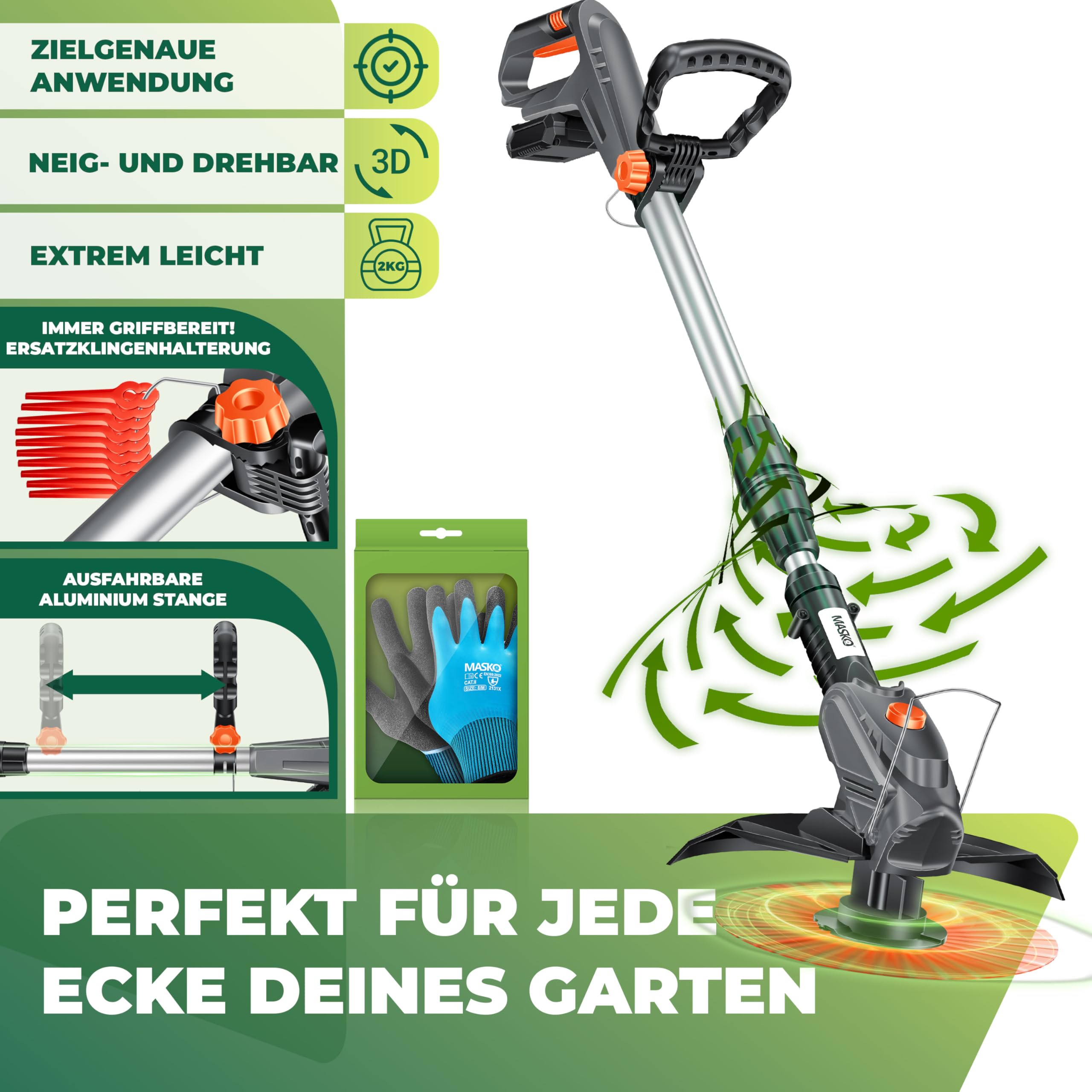 Débroussailleuse sans Fil MASKO® avec Batterie Li-ION 20 V, Batterie 2,0 Ah et Chargeur, Largeur de Coupe 260 mm, Angle de Coupe 180°, Manche télescopique et poignée supplémentaire + Accessoires