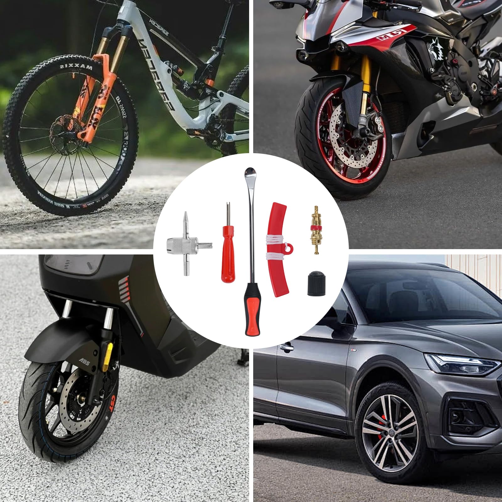 31 Pz Leve Smontagomme, con Protezioni per Cerchioni, Leva di Montaggio per Pneumatici, Bicicletta in Ferro, 4 in 1 Chiave per valvola, Chiave Inglese, Nuclei valvola, Cappucci per Nuclei