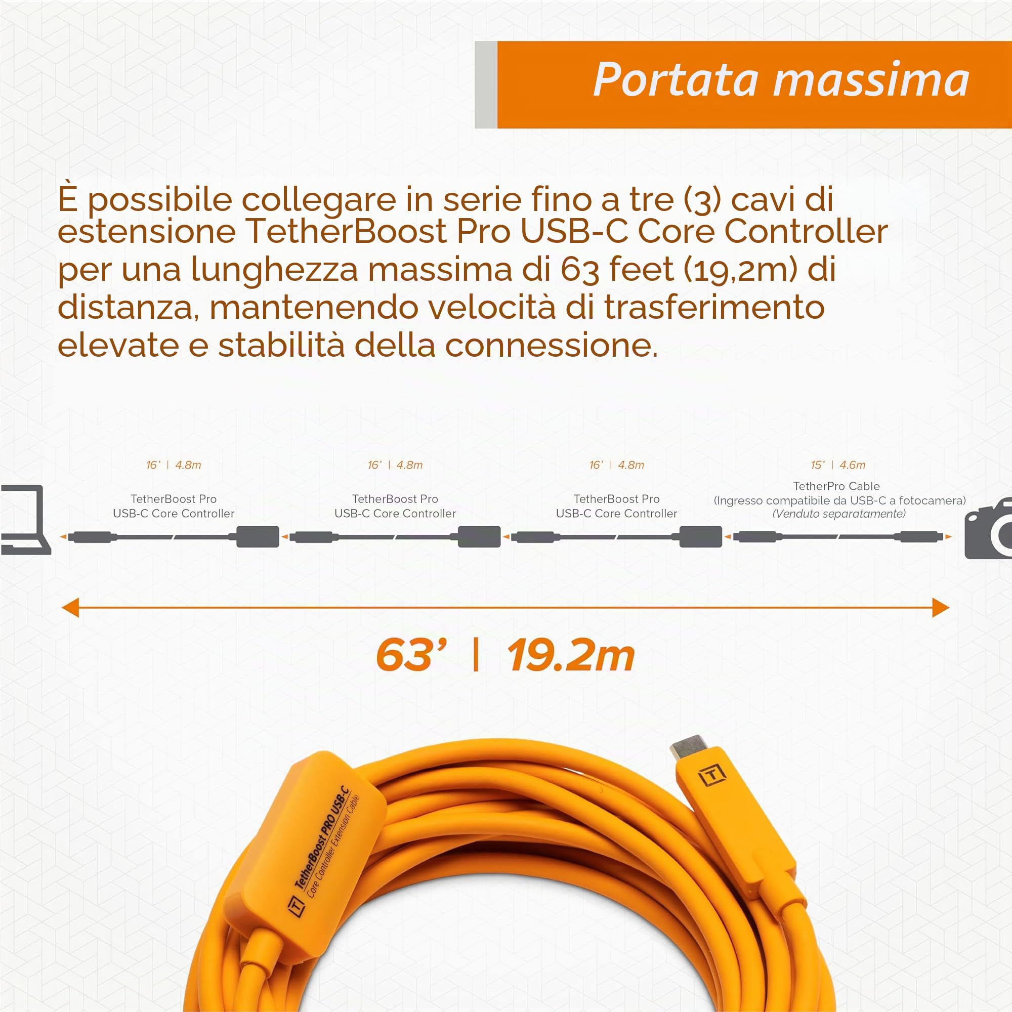 Tether Tools TetherBoost Pro USB-C Core Controller Extension Cable – Prolunga per cavo USB-C (arancione)