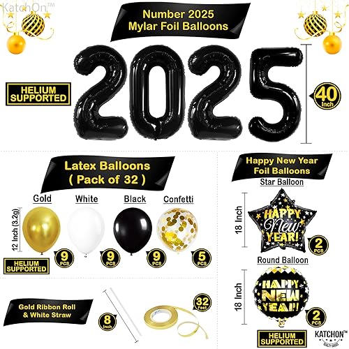 Miniatura 3 de KatchOn, Juego de suministros para fiesta de Año Nuevo 2025, grande, paquete de 42 | Cartel de feliz año nuevo negro y dorado, números de globos