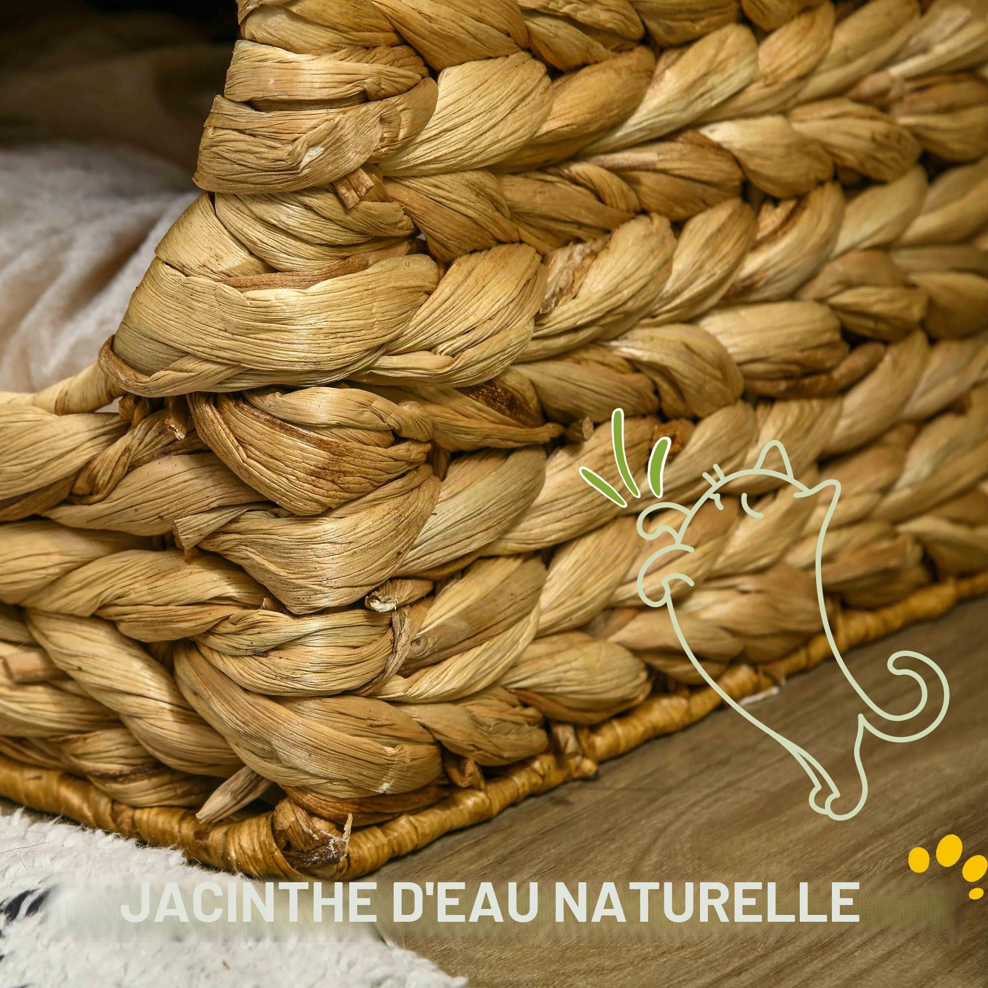 PawHut Tonneau à Chat de 55 cm de Haut avec 2 niches, Coussins lavables, Arbre à Chat, Tour de Chat en Jacinthe d'eau, Marron Clair