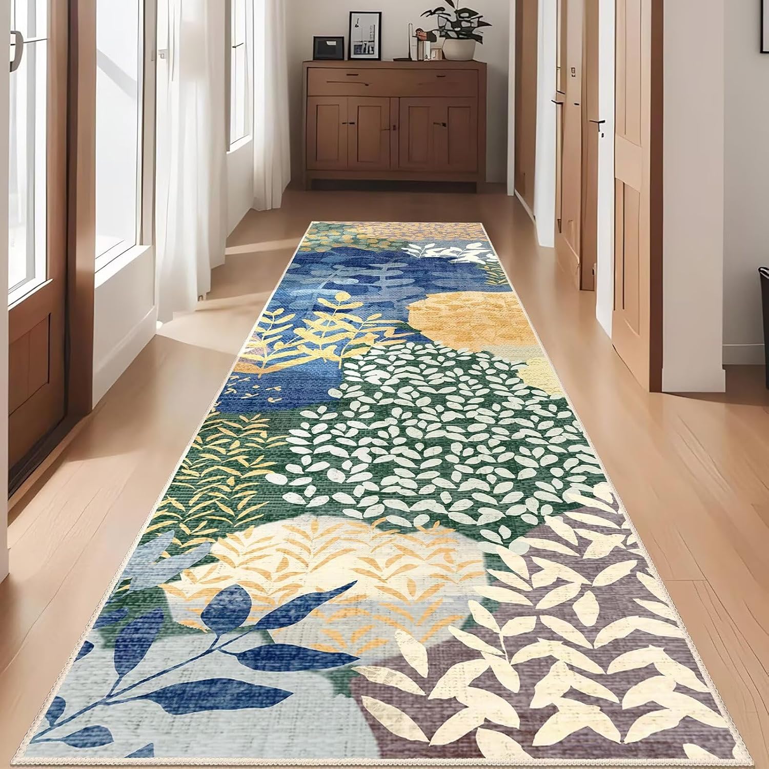 DEXDE Runner Rug 2x8 Washable Hallway Boho Soft Area Rugs Abstract Long Non Slip Leaves Floral Vintage Floor Carpet for Entryway Kitchen Laundry Bathroom Bedroom,Blue