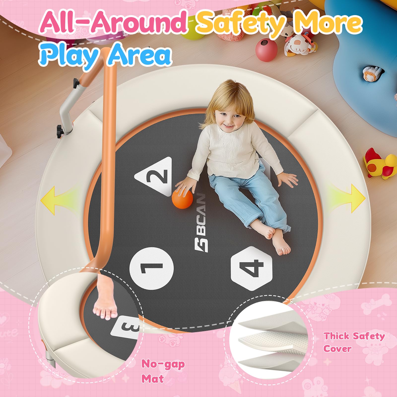 BCAN Trampoline Enfant 91 cm, Mini Trampoline Extérieur Intérieur Pliable avec Poignée Réglable, Coussinets de Sécurité & Pieds Pliables, Cadeau pour Enfants 3-6
