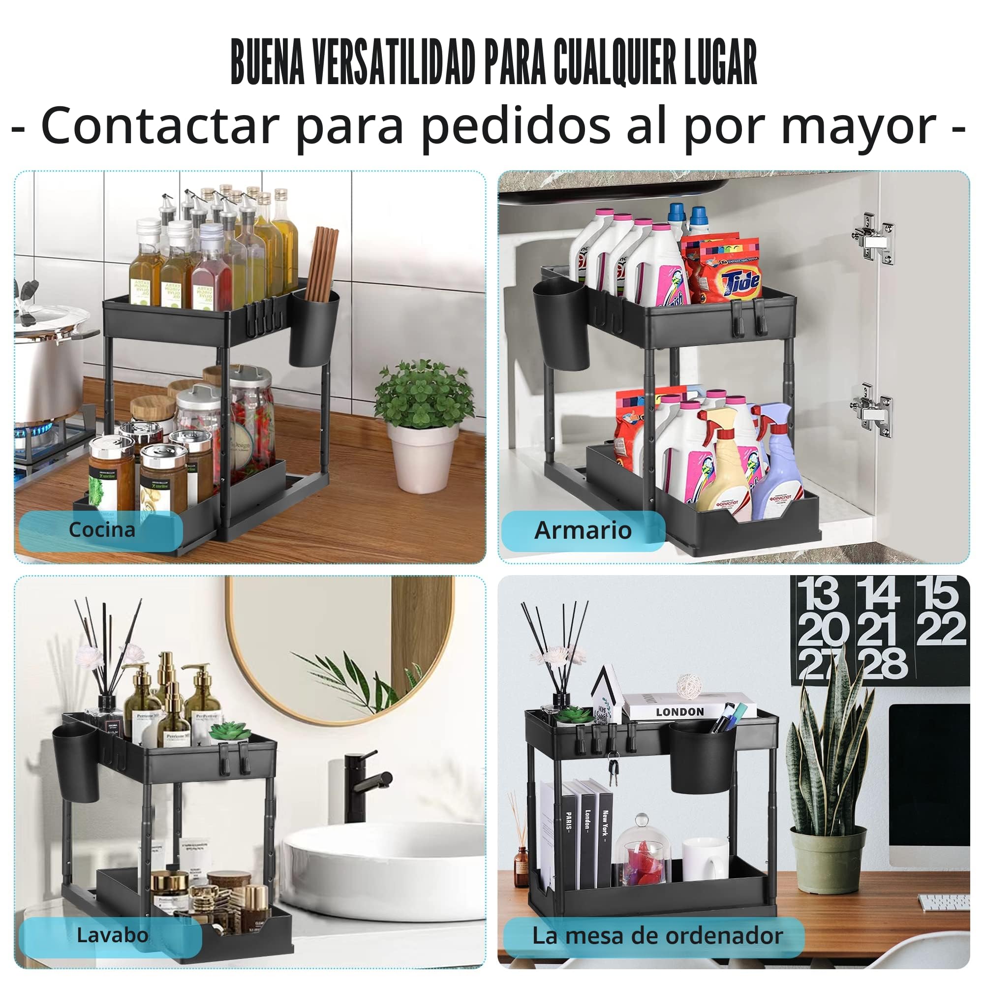 Eufrozy 2 Paquete Organizador Bajo Fregadero, Almacenaje Debajo Fregadero de 2 Niveles Regulable en Altura con 8 Ganchos 2 Tazas 1 Jabonera, Estante Bajo Fregadero Deslizante para Cocina Baño
