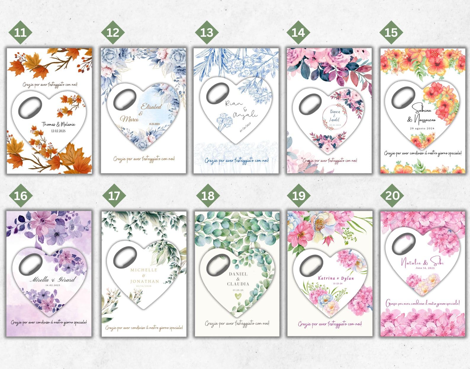 Bomboniere matrimonio personalizzate, calamita apribottiglie a forma di cuore con biglietto di ringraziamento, regalo per invitati e festa di (Apribottiglie + biglietto di ringraziamento)(Set da 30)