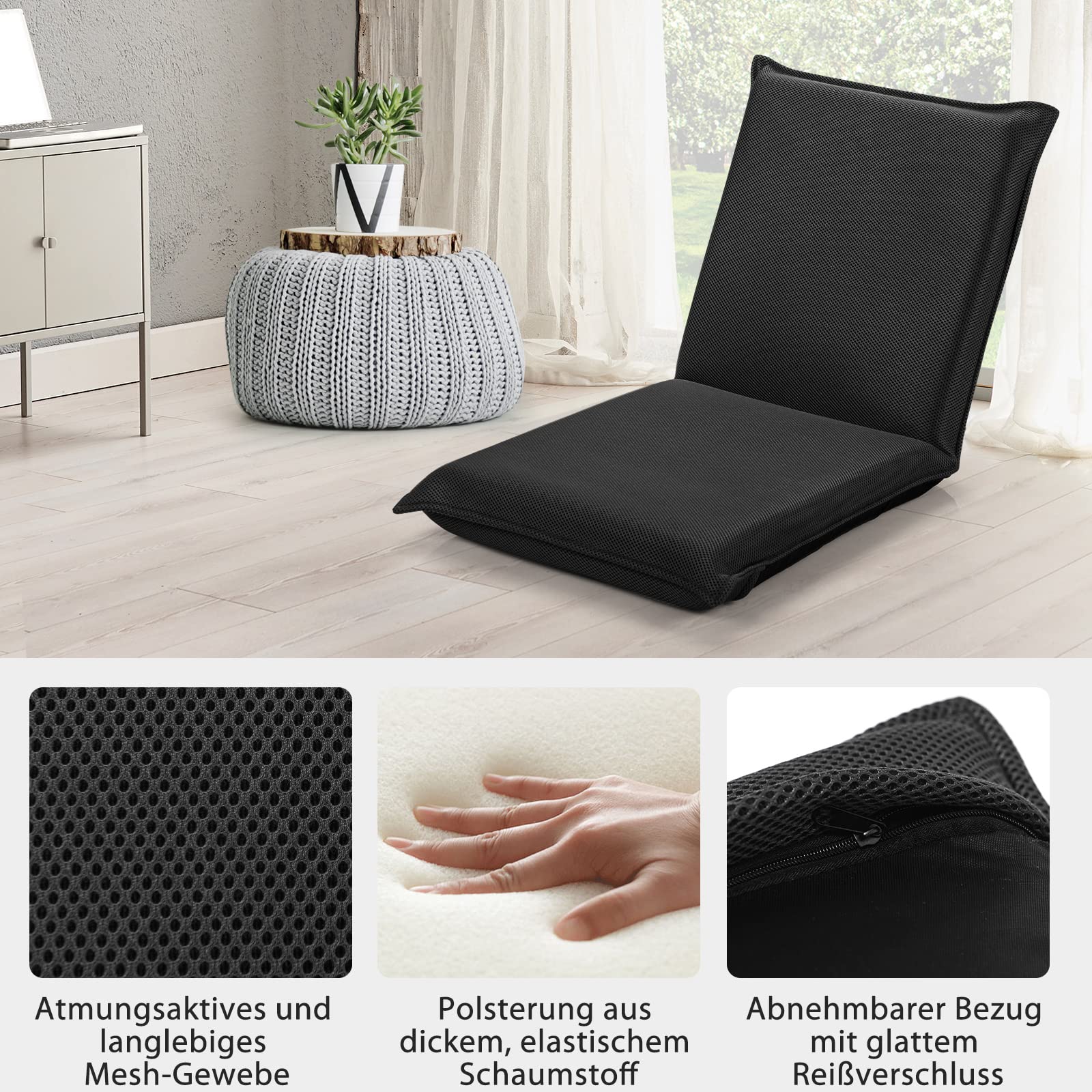 RELAX4LIFE Bodenstuhl klappbar, Bodensessel mit Liegefunktion, Lehnstuhl mit 6 Einstellbarer Rückenlehne, Bodensitz zum Fernsehen Lesen Spielen, Meditationsstuhl Lazy Sofa gepolstert (Schwarz)