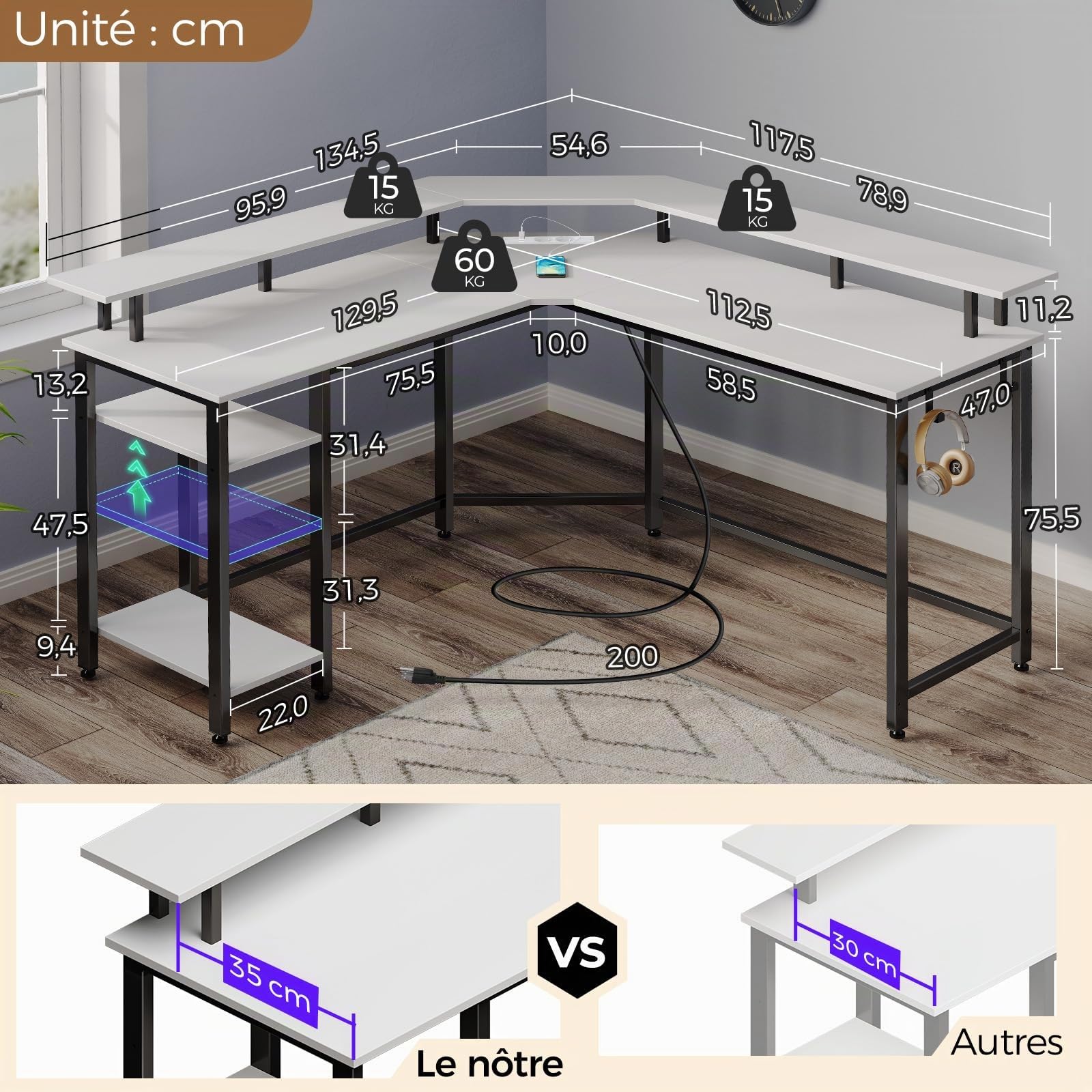 Rolanstar Bureau Gaming d'angle en L avec LED, Prises et Ports USB, 135 x 118 cm, Table d'Ordinateur avec Support Écran, Rangement et 2 Crochets, Bureau Réversible, Blanc