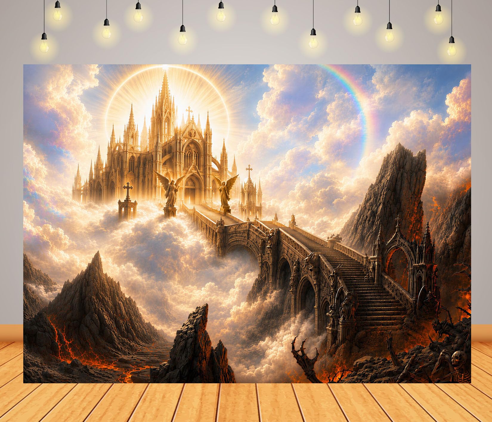 12x10FT (3.6x3m) Castello Celeste Valle Di Lava Sfondo Fotografico | Regno Gotico Soleggiato Fondale In Tessuto,Ponte Tra Nuvole Vulcani E Arcobaleno,Eventi Fantasy,Personalizzabile,Photo Booth