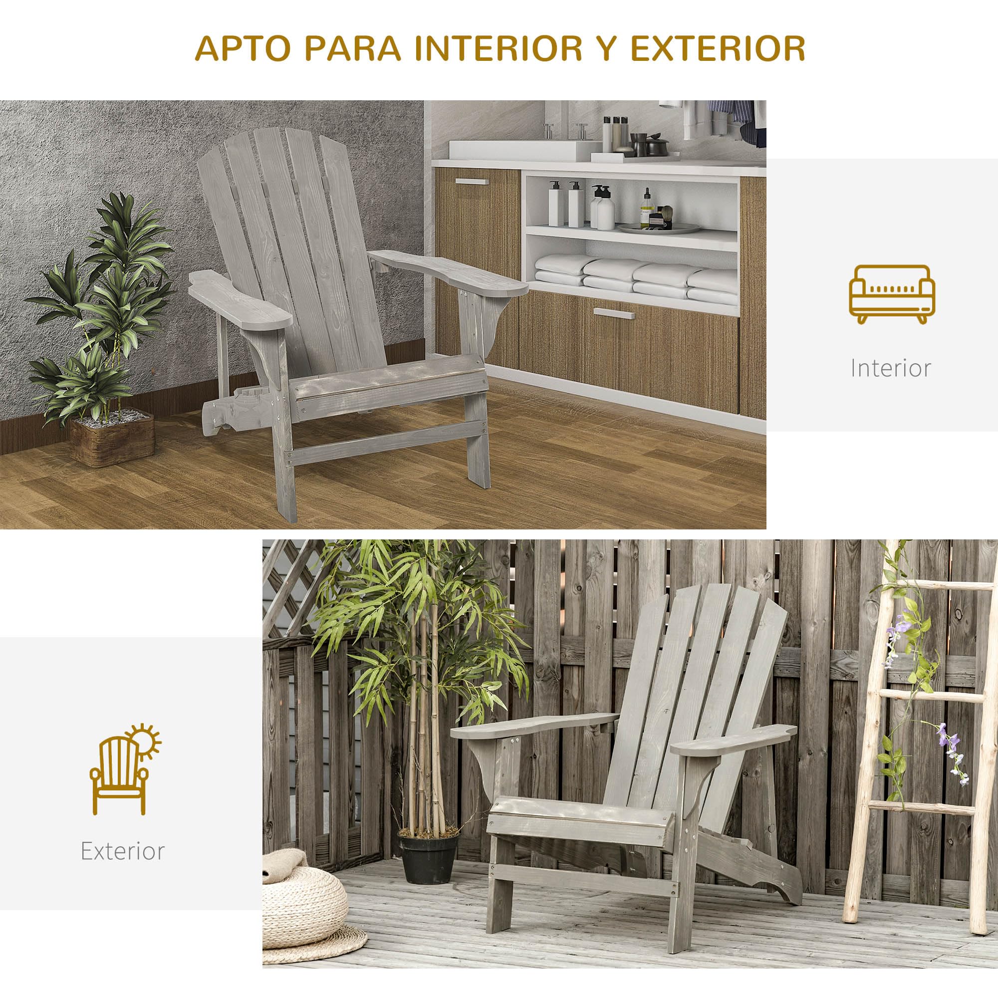 Outsunny Silla Adirondack de Madera Silla de Jardín con Asiento Extra Ancho Carga 150 kg para Patio Terraza Balcón 78x89x88 cm Gris Claro