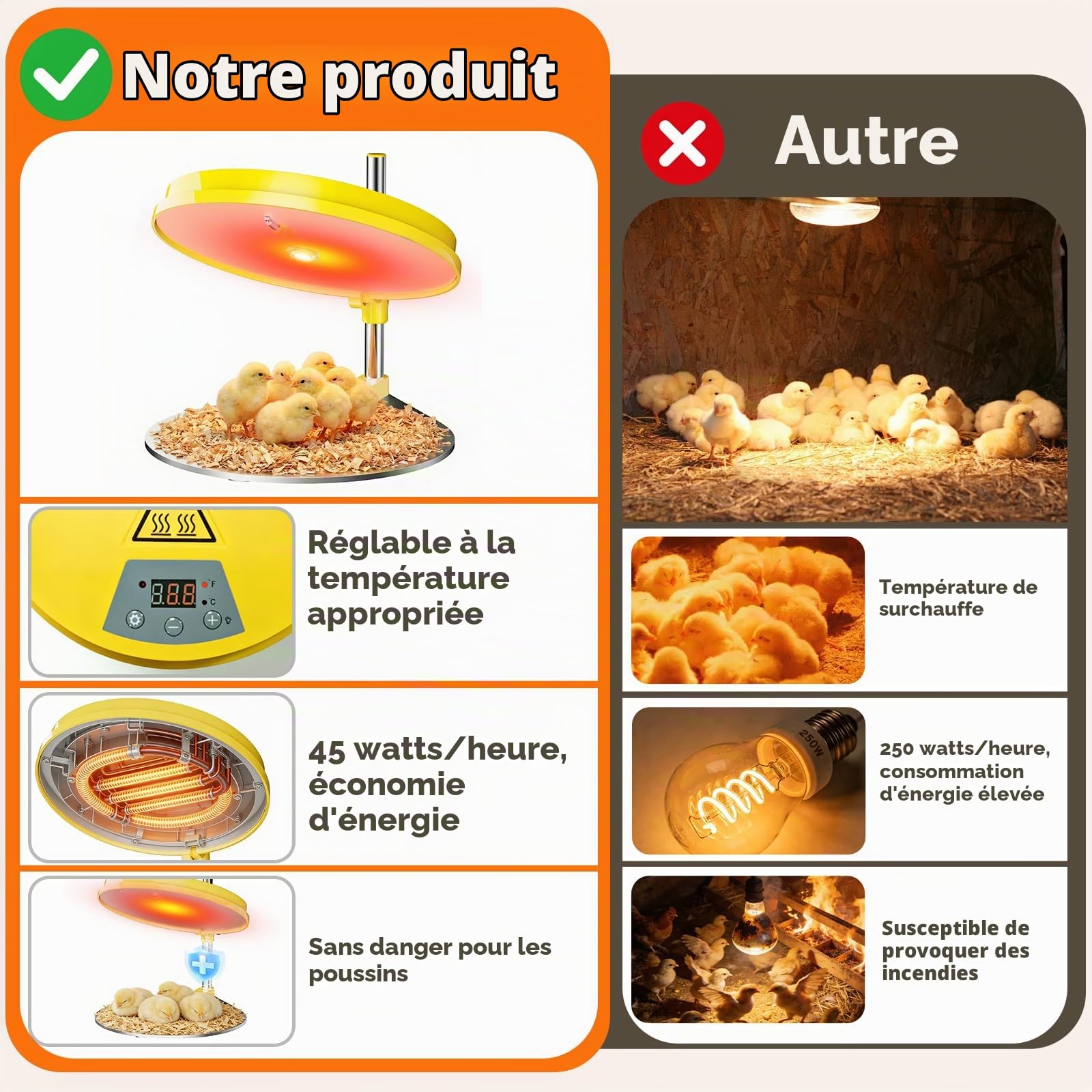 IVJ Plaque Chauffante Poussin avec Lumière LED, 45W Température Réglable Chauffage Poussin, Affichage Numérique Eleveuse Poussin