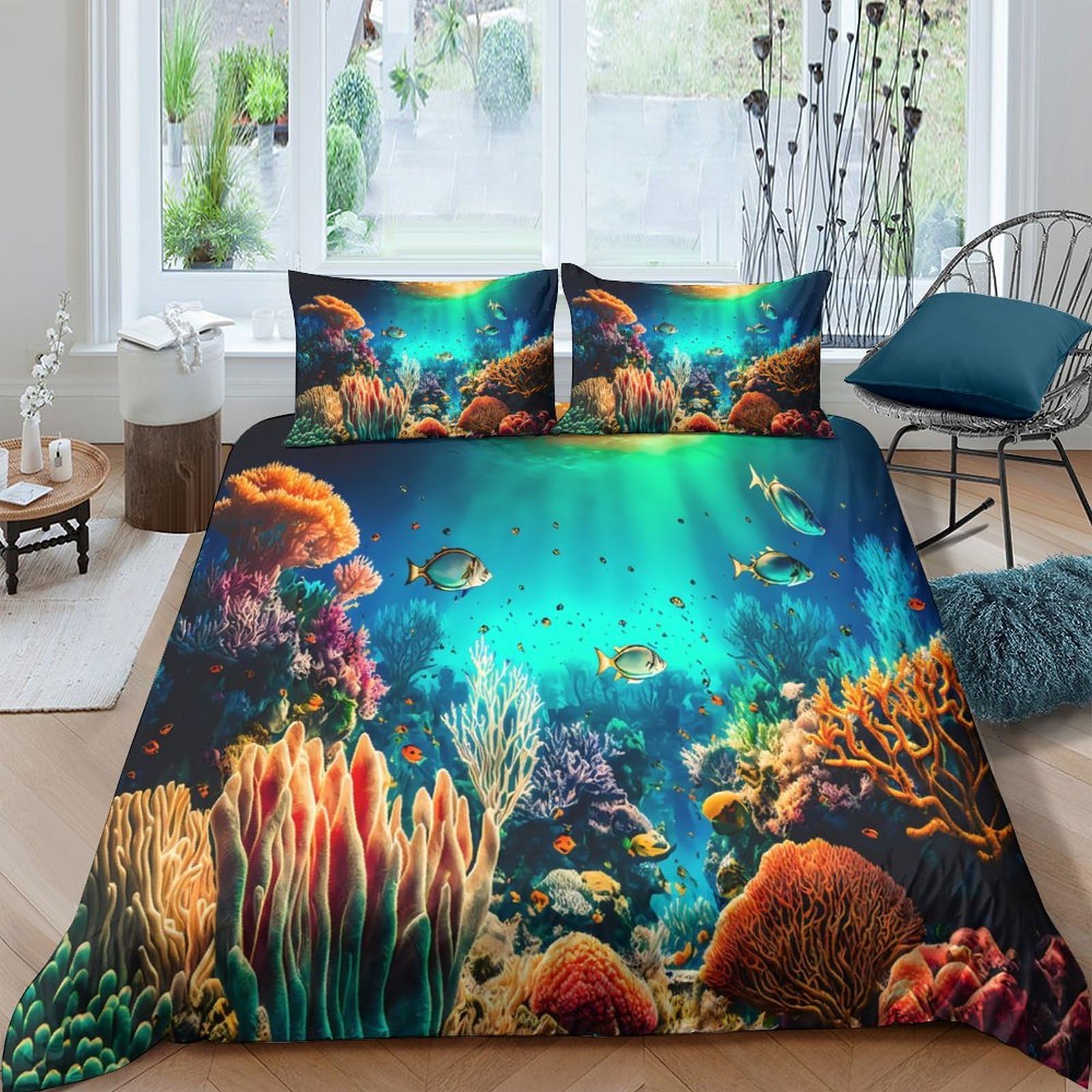 Ctjqhvkz Style-10 3D Printed Ocean Coral Reef Fitted Sheet Microfiber Soft Breathable Underwater Fish Mattress Cover For Bedroom Decoration Single（135X200cm）