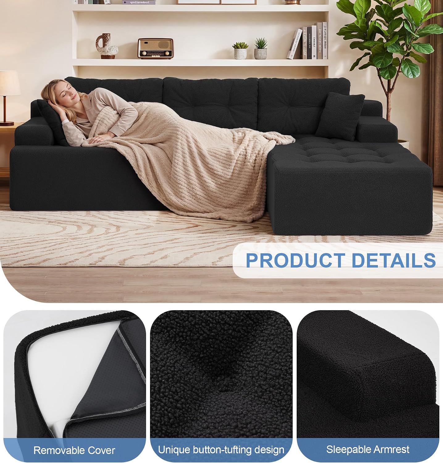 Hobestluk Modular Sectional Sofa Couches L-Shape Couch 3 Seat Modular Sofa Memory Foam Sectional Couches for Living Room, Cloud Couch with Oversized Chaise (Black Tufted, 96", Right Hand Facing) thumbnail