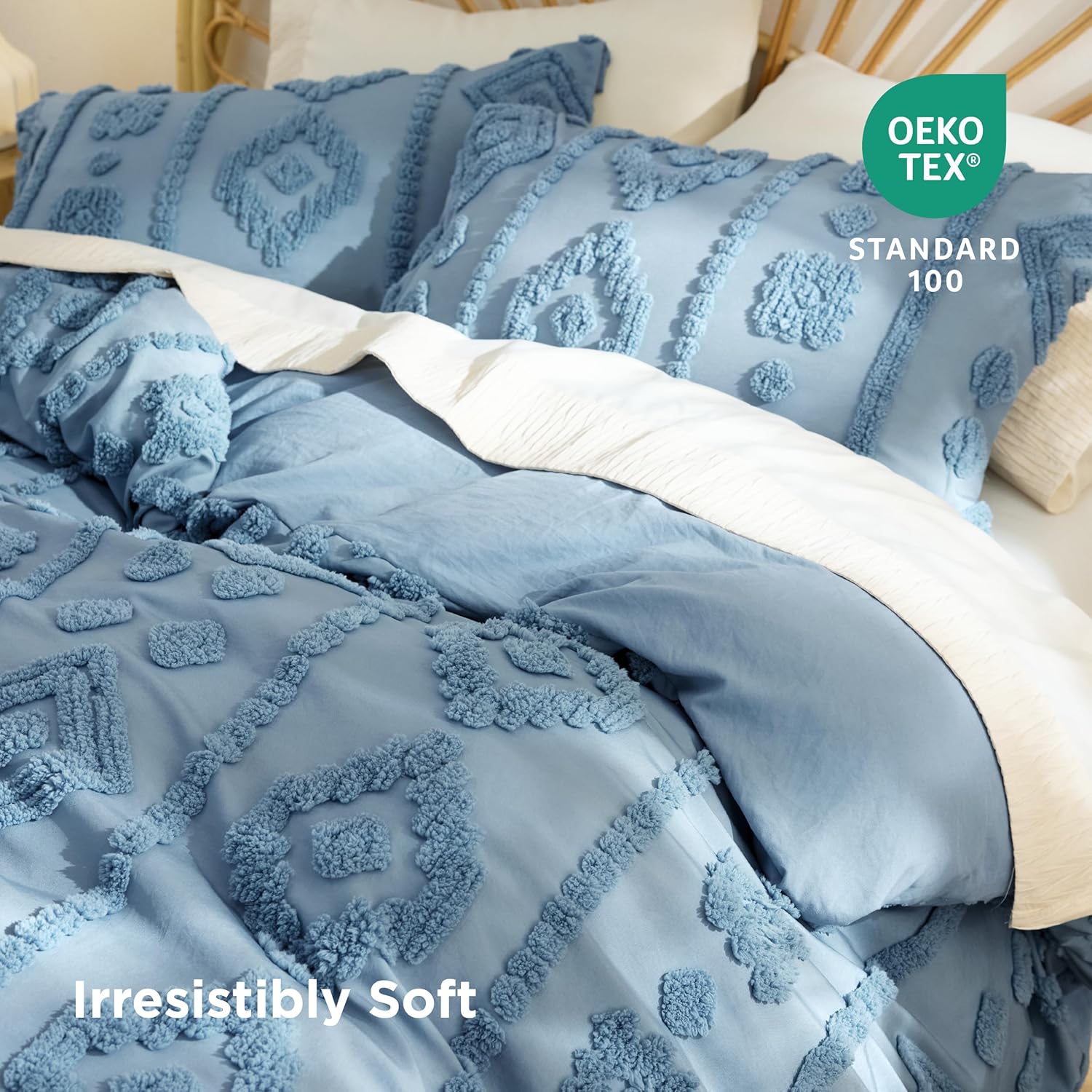 Bedsure Boho Duvet Cover Queen Size - Tufted Boho Bedding, Farmhouse-Style Distressed Vintage Embroidery Bedding for All Seasons, 3 Pieces, 1 Soft Jacquard Queen Comforter Cover and 2 Pillow Shams