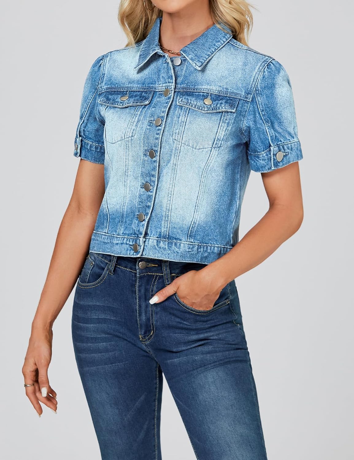 LifeShe Puff Short Sleeve Denim Jacket for Women Summer Cropped Jean Jacket Non-stretch Crop Coat - Image 5