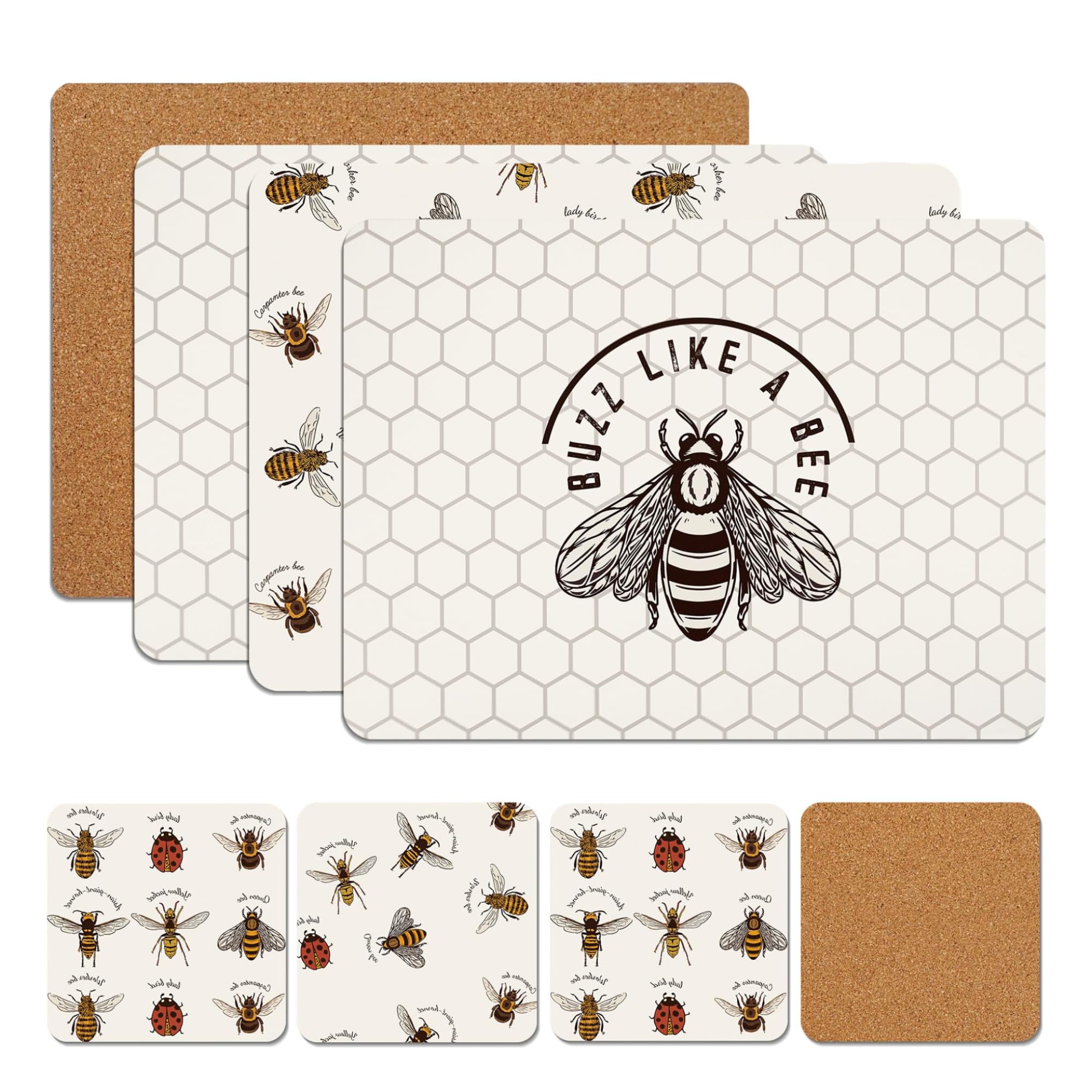 Placemats & Coasters Set Heat Resistant Cork Placemats Table Mats For Dining Kitchen Place Mats Set of 8 - Ideal Table Christmas Decorations 21.5 x 29cm (Bumble Bees - 2)