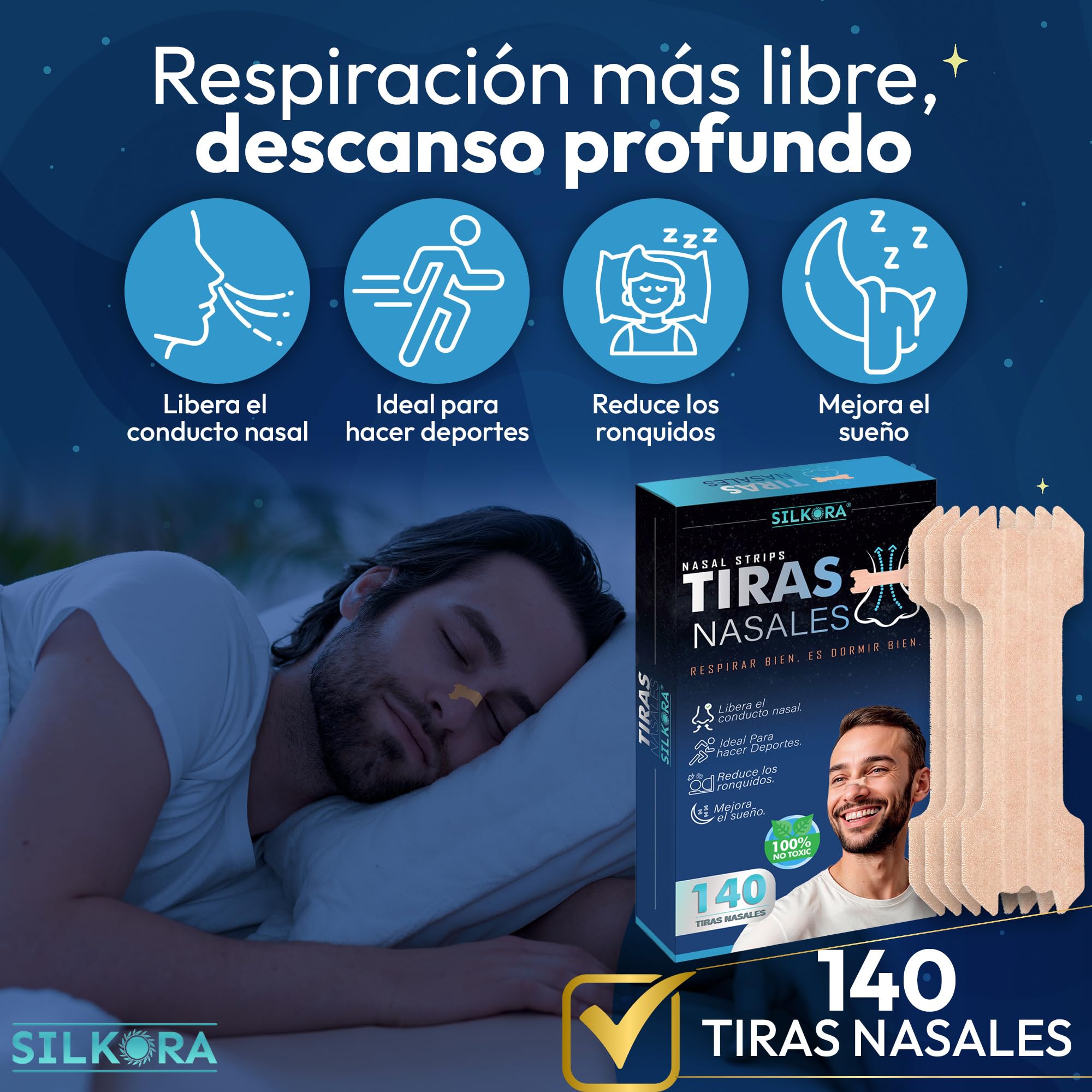 140-SUPER PACK| Tiras Nasales PREMIUM SILKORA® | Tiras nasales antirronquidos para Dormir| Alivian Congestión Nasal| Anti-ronquidos|Nose Strips|Breathe Right| Nasal Strips Respirar Mejor por la nariz