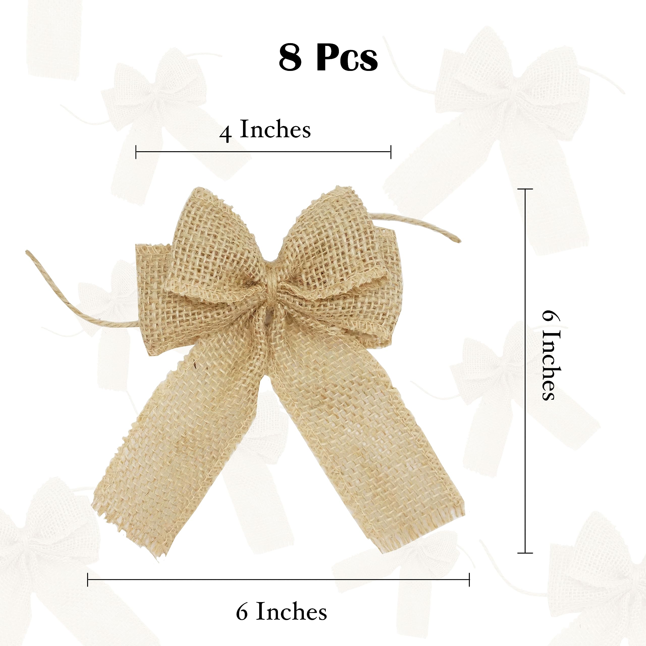 Nature Burlap Bows for Christmas Decorative, Bowknot Ornament for Christmas Tree Wreath, Rustic Gift Wrapping, Wedding Gift Packing, Burlap Jute Bow for Craft, Set of 8, 5×6.5 Inches (8 Pcs)