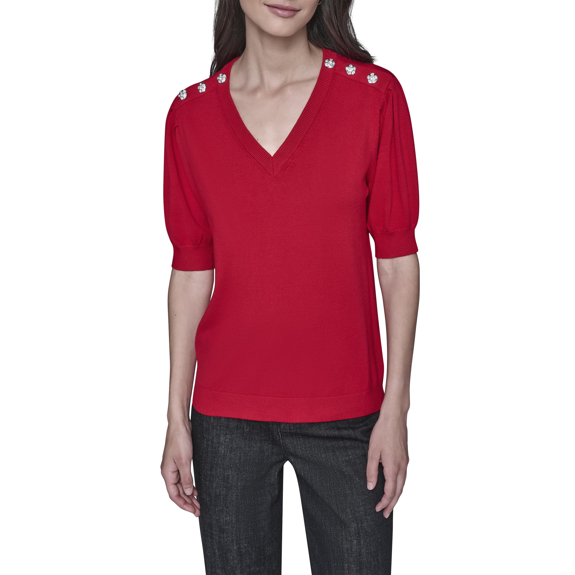 Karl Lagerfeld Womens Short Sleeve V-Neck Crystal Button Sweater
