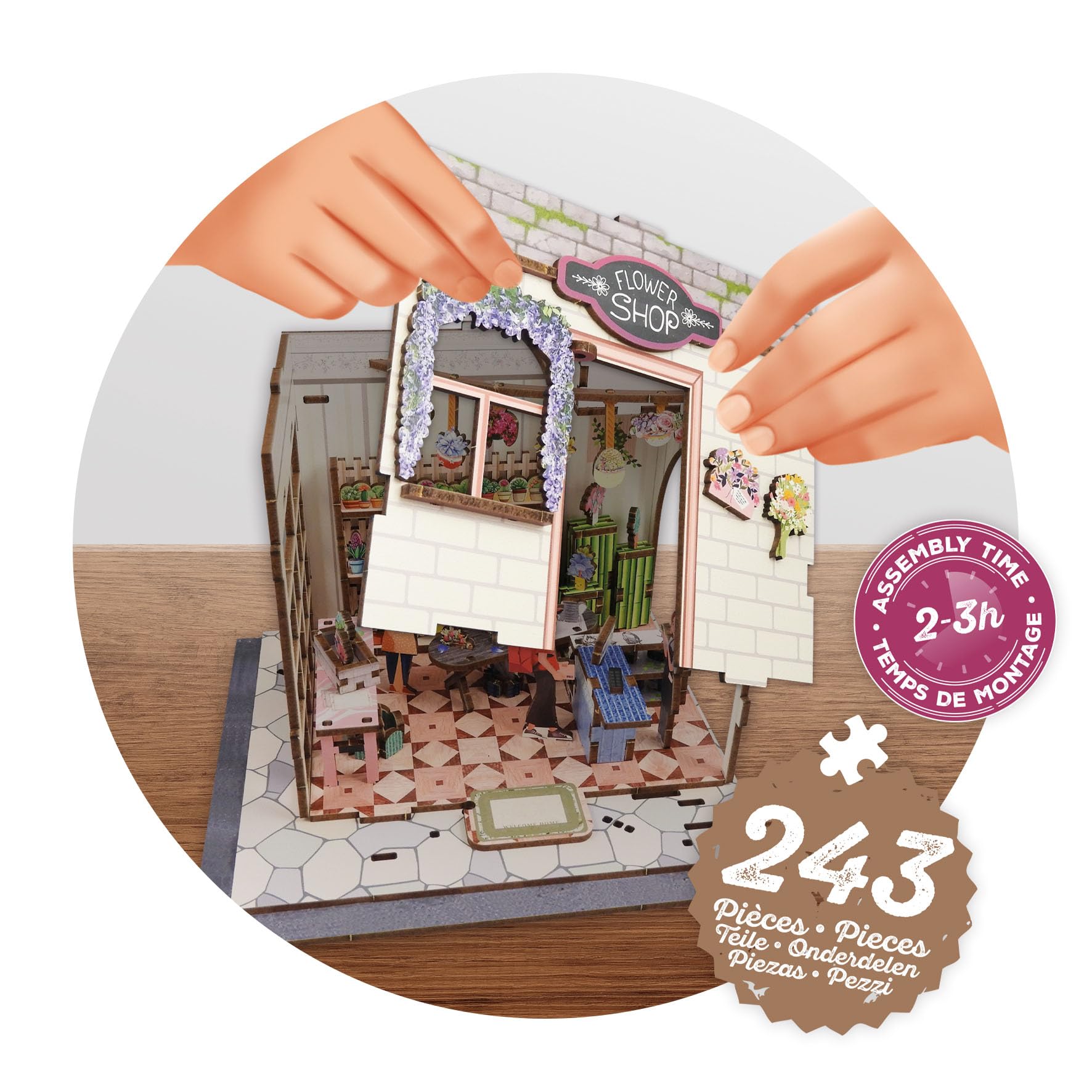 Diorama Fiorista - Modellino fioraio in miniatura in legno con LED - Diorama DIY 243 pezzi - Kit costruzione negozio di fiori - dai 10 anni - 14 x 17,1 x 21,8 cm - 68075 - BUKI France