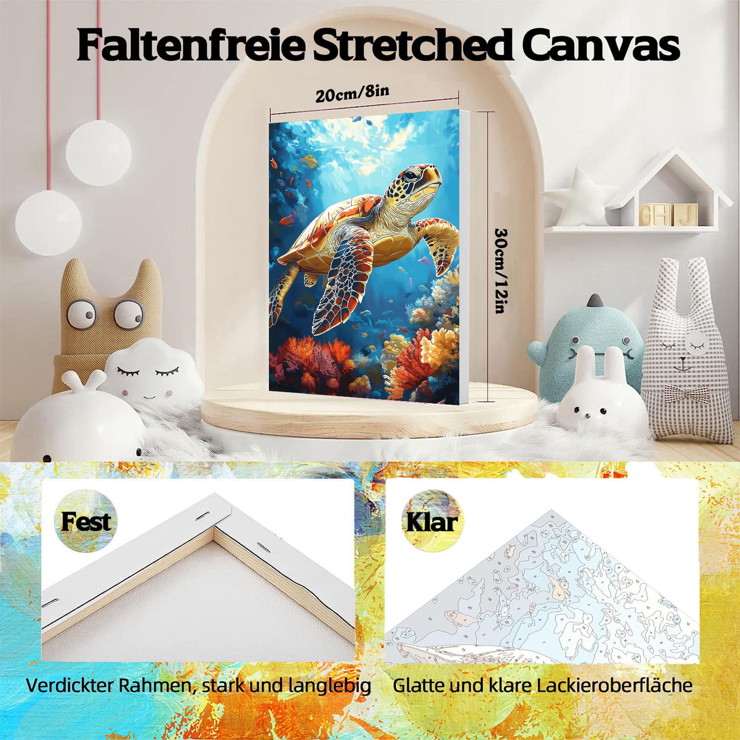Pujeknm 4 Stück Malen nach Zahlen Erwachsene mit Rahmen - Holzstaffelei, Strand Malen nach Zahlen auf Leinwand, DIY Meeresschildkröte Acryl Ölmalerei Kits mit Pinseln für Home Wall Decor, 20x30 cm