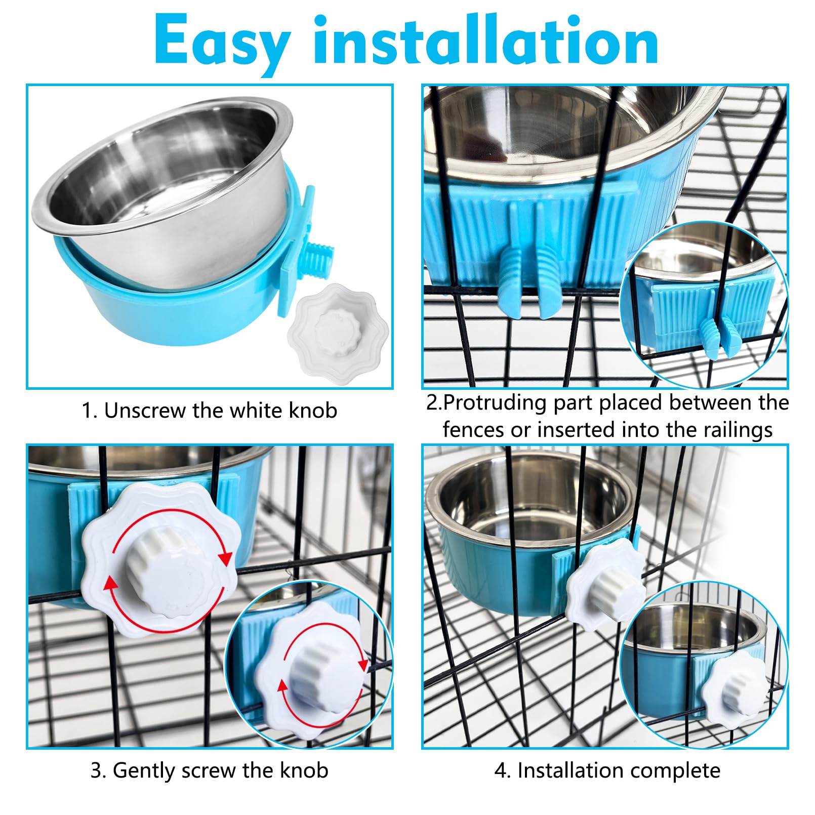 kathson Jaula para perros, cuenco extraíble de acero inoxidable colgante para mascotas, comedero de alimentos y agua, taza para gatos, cachorros, pájaros, ratas, cobayas, 6 piezas grandes (2 azules, 2