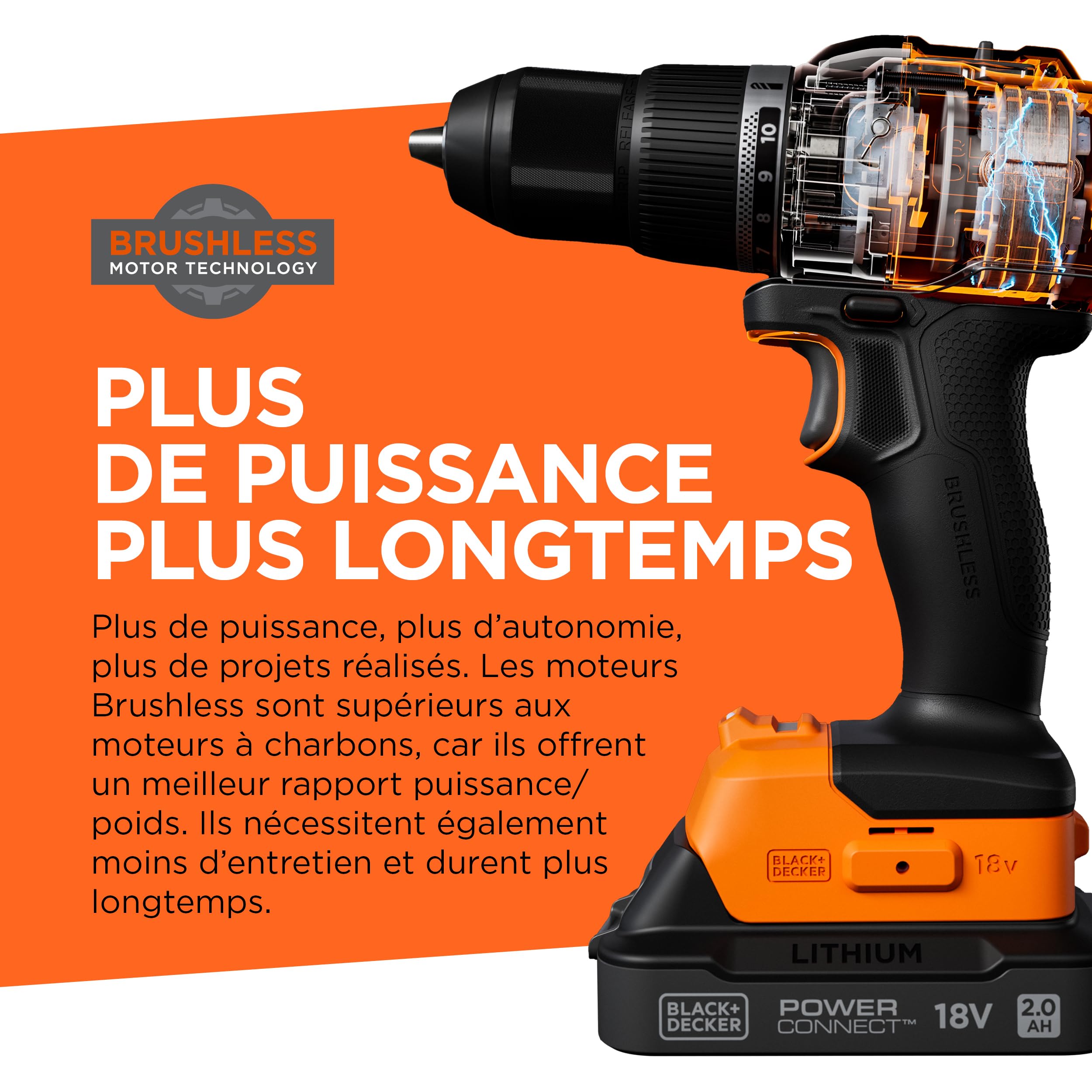 BLACK+DECKER Perceuse à percussion sans fil brushless 18V avec batterie 2,0Ah, chargeur, 50 accessoires et mallette de transport, BLD783D1KA-QW