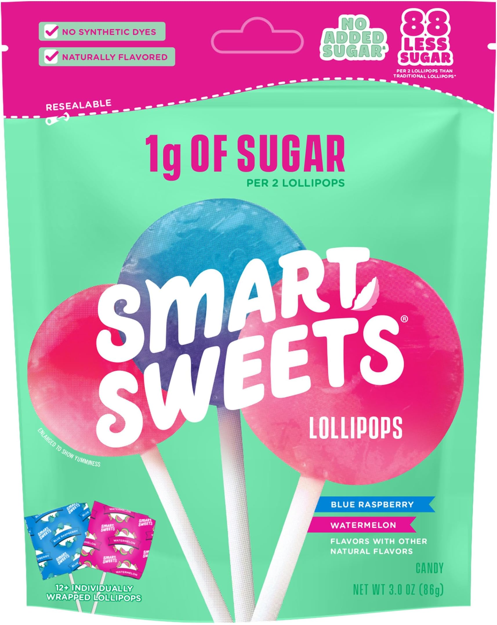 Smart Sweets, Blue Raspberry Watermelon Lollipops Multipack, 3 Ounce
