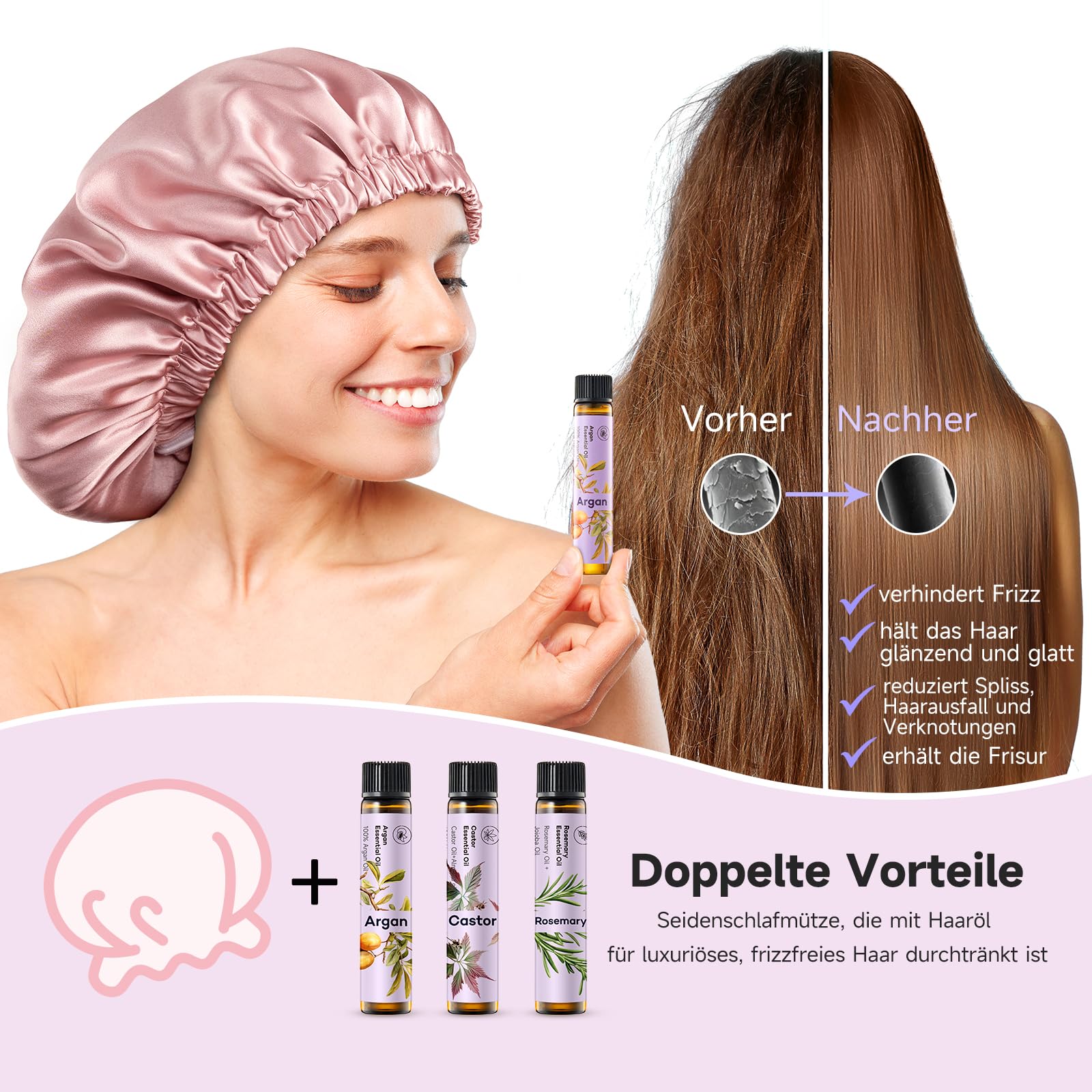 Umisleep 22 Momme Seidenhaube & Haaröl-Duo – Haarpflegeset: 100% Maulbeerseide zum Schlafen, atmungsaktiv, verstellbar mit Gummiband, 3 x 10 ml reines Haaröl (Rosmarin-, Rizinus- und Arganöl)