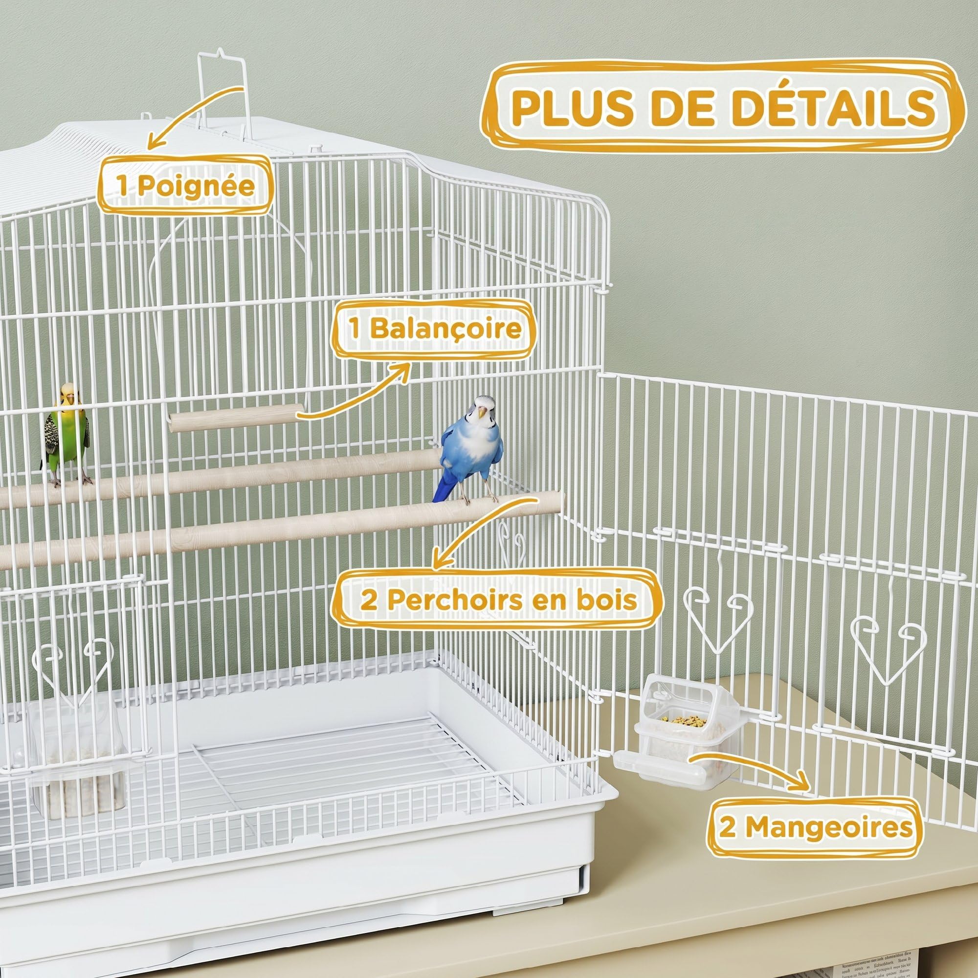 PawHut Cage à Oiseaux Volière, avec Mangeoires, 46,5 x 36 x 59 cm Blanc | Perchoirs, Plateau Excrément Amovible, Cage pour Canaris, Perruches, Petits Perroquets