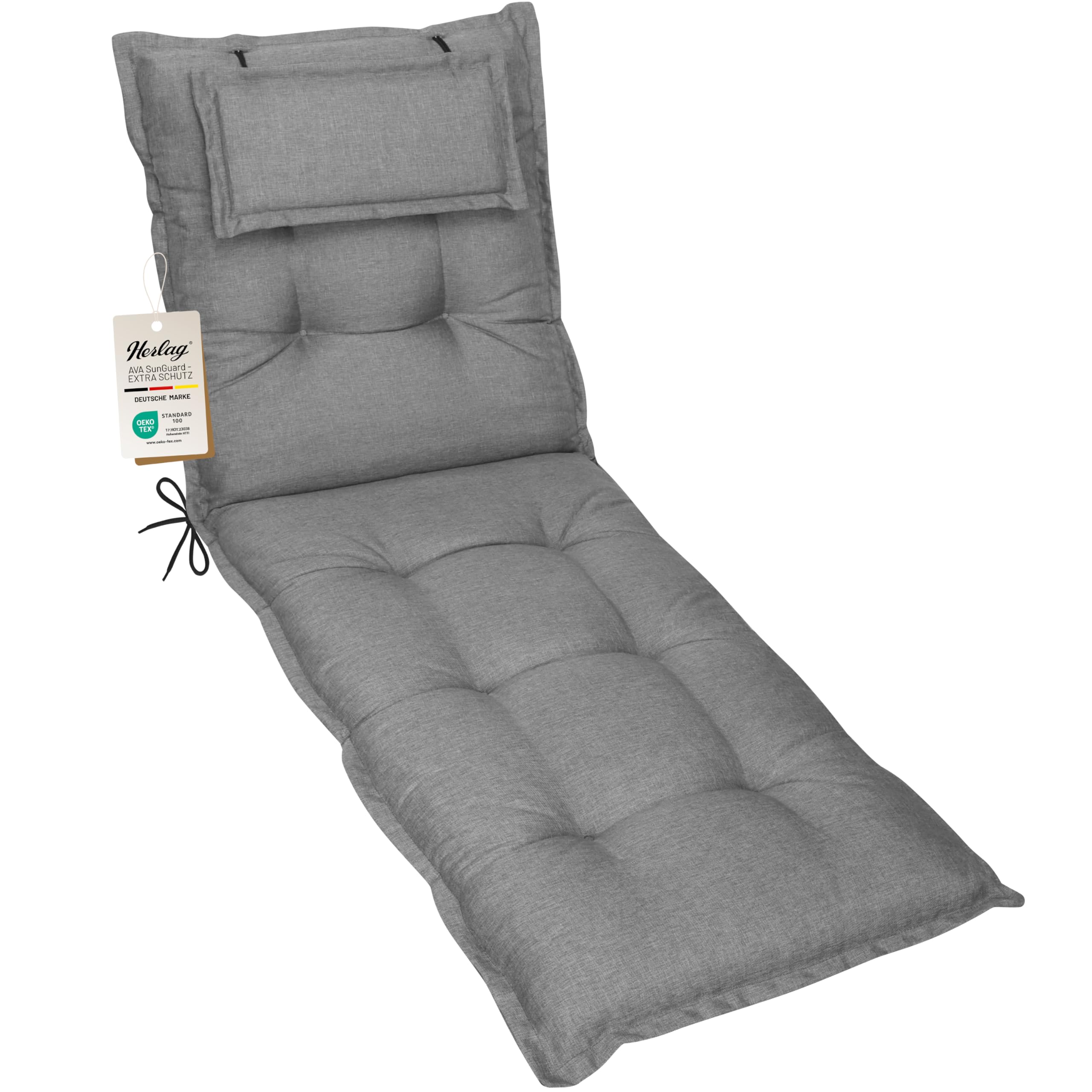 Herlag Liegenauflage AVA Sun-Guard 190x60x9cm | UV-Schutz gegen Ausbleichen | Extra Dickes Liegekissen 9 cm mit Kopfpolster | Liegepolster mit Deluxe-Komfort | Öko Tex 100 | Silber