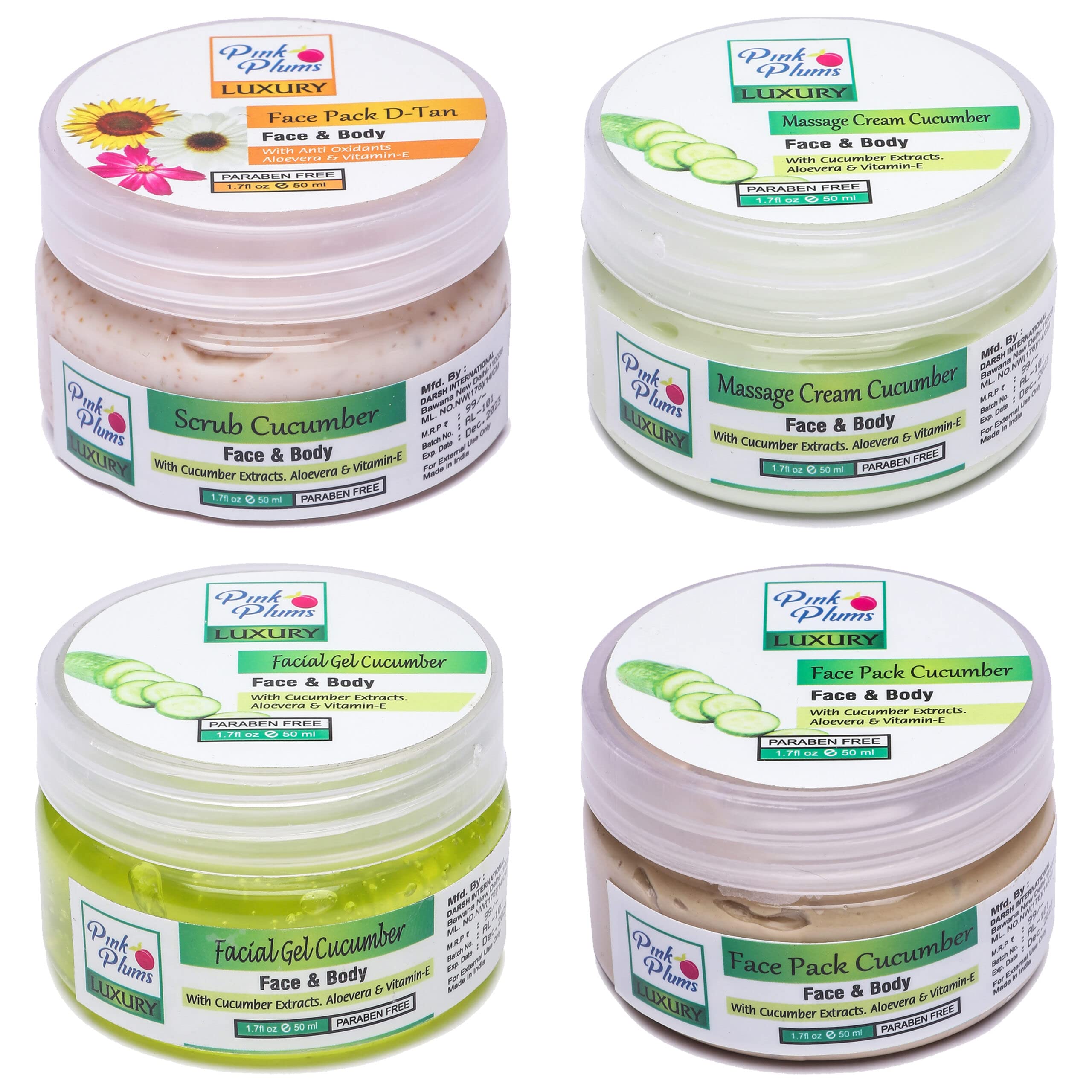 Pink Plums Cucumber Facial Kit Set of 4 (Scrub, Massage Cream, Face Gel, Face Pack), 50 ML, For All Skin Type