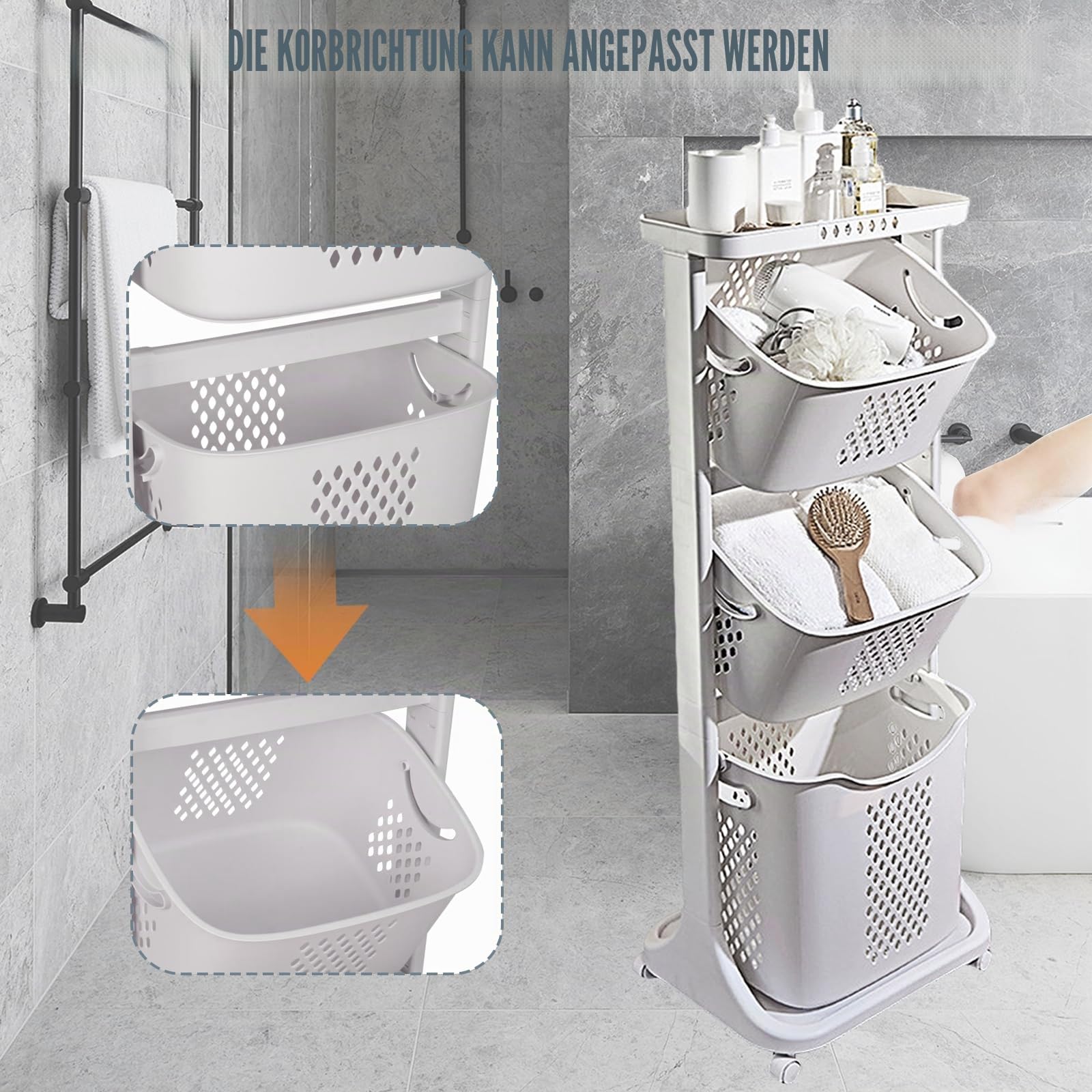Wäschekorb mit 3 herausnehmbaren Wäschekörben mit Rollen 44 x 33 x 110 cm, weiß