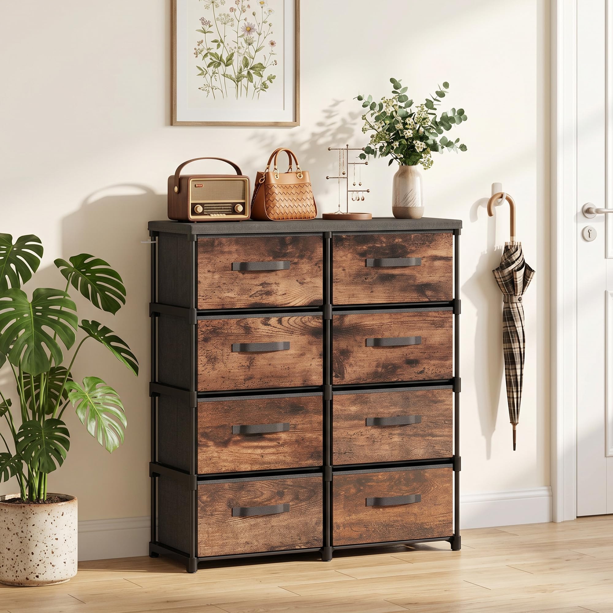 HOMCOM Cassettiera in Tessuto 8 Cassetti 84.5x30.5x100 cm Marrone Rustico | Salvaspazio, Mobile con Cassetti Industriale in Metallo, per Camera da Letto, Bagno e Soggiorno