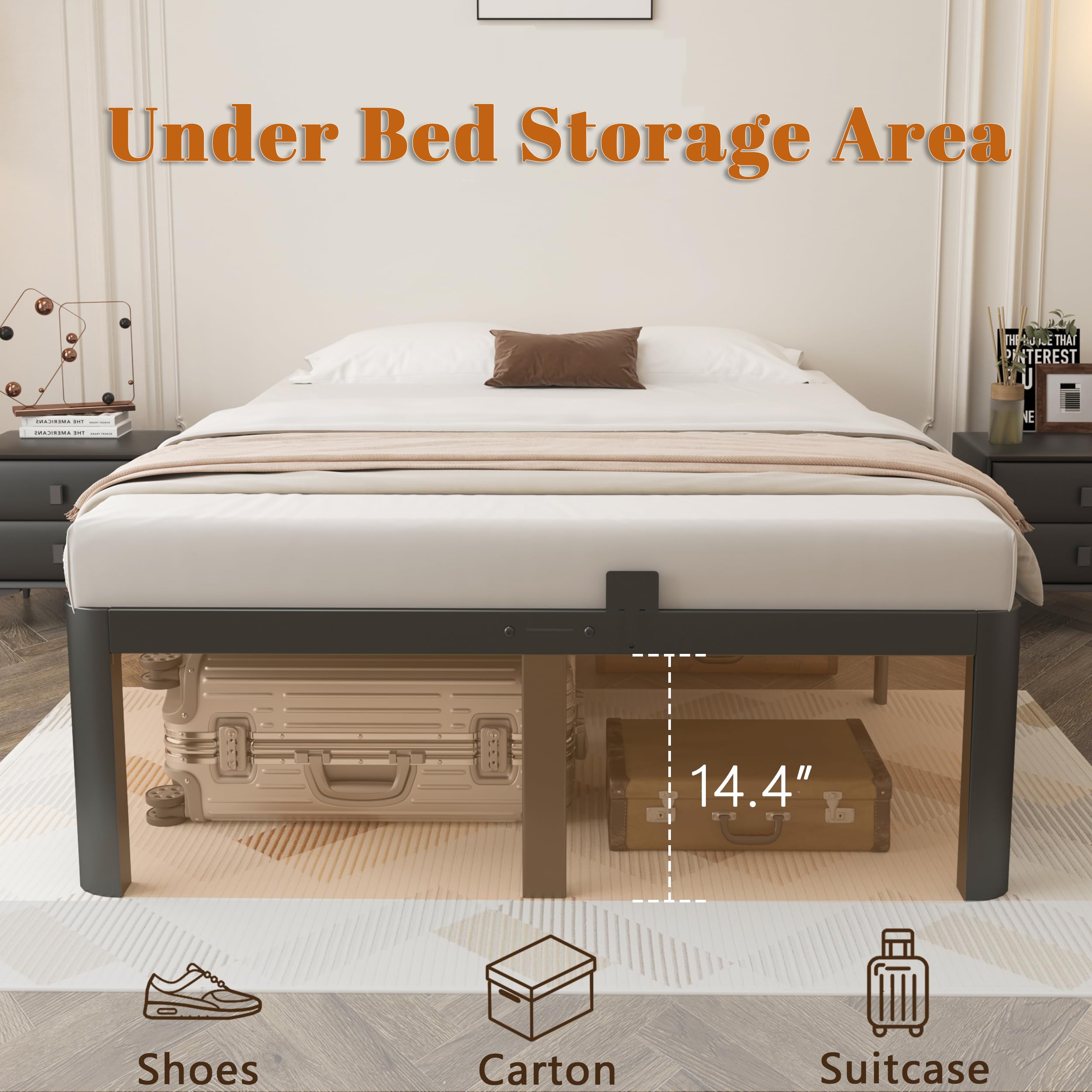 Base de cama de tamaño matrimonial de 16 pulgadas, marco de cama matrimonial negro con deflectores antideslizantes, no necesita somier, soporte de plataforma de acero resistente, patas de 3