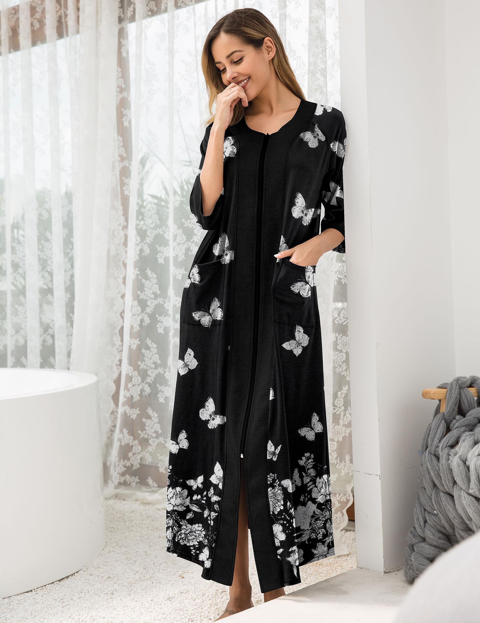 Ekouaer Bata larga con cremallera y mangas 3/4 para mujer, vestido de casa de longitud completa, camisón largo con bolsillos