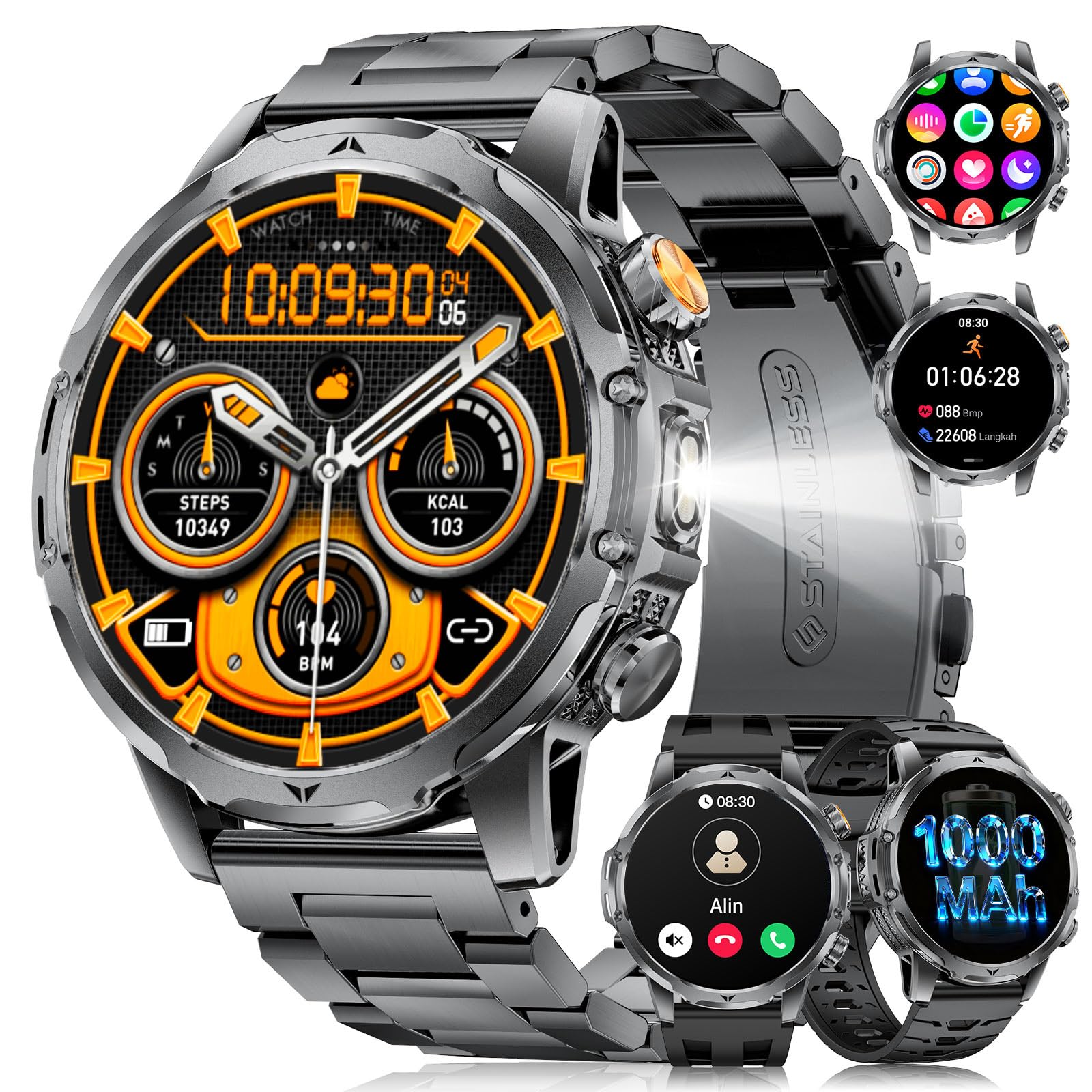 Military Smart Watch for Men, 1.53" Fitness Tracker with 1000 mAh Ultra-Long Battery/Flashlight/Bluetooth Calling/Health Monitor / 120+ Sports Modes / IP68 Waterproof for iOS Android, Black