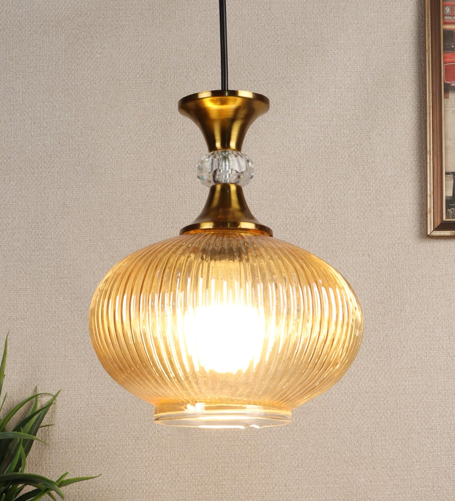 ELIANTE Modern Ribbed Glass Pendant Hanging Light in Gold Iron Finish, Elegant Ceiling Lamp for Living Room, Bedroom and Dining Area, E27 Holder, Bulb Not Included-image-31