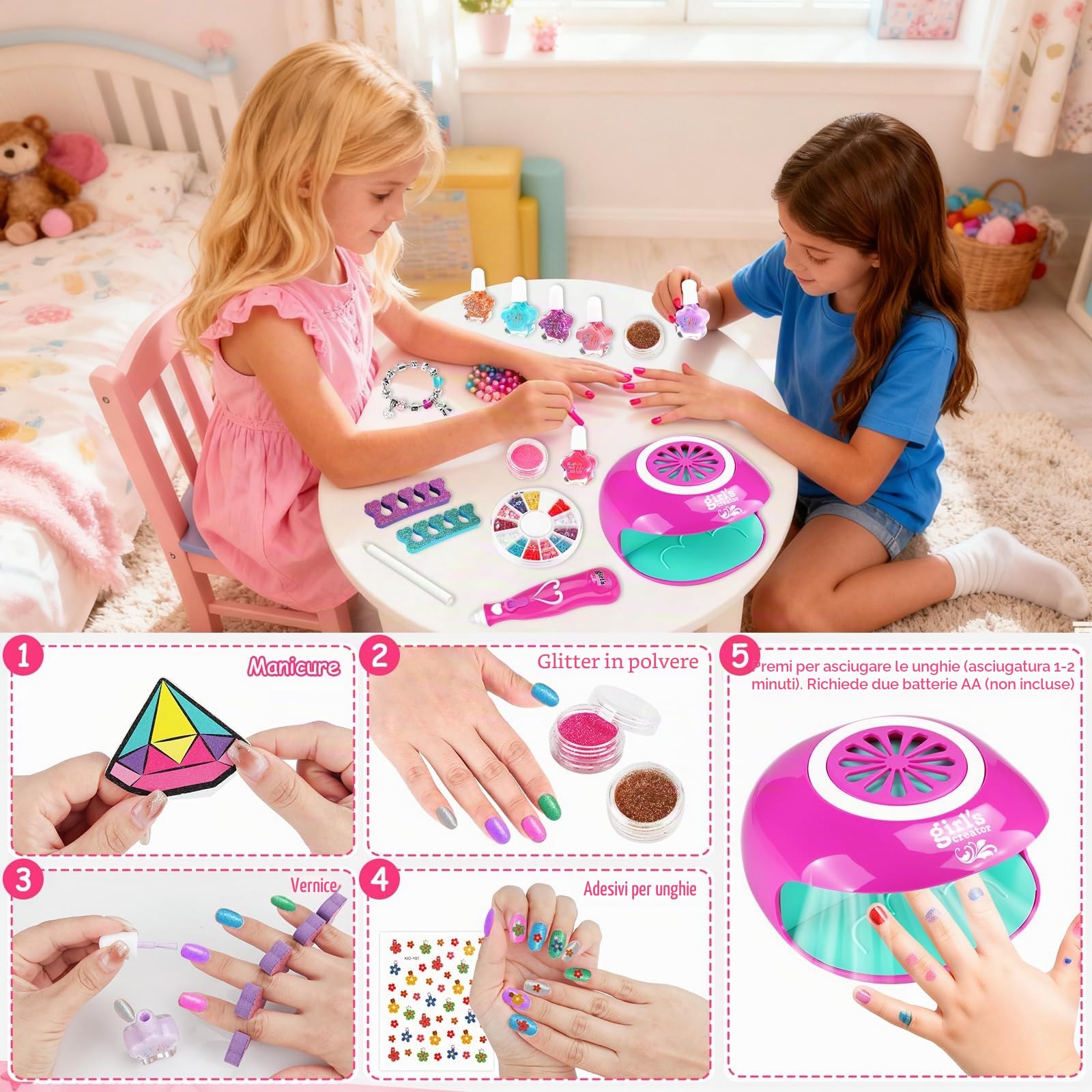 Kit Unghie Bambina,Unghie Set Manicure Gioco,Kit Gioco Per Unghie Bambina,Smalti per Bambinas,Regalo Bambinas 6 7 8 9 10 11 12 Anni,Giocos di Nail Art,Set Trucchi Regalo Compleanno Ragazza