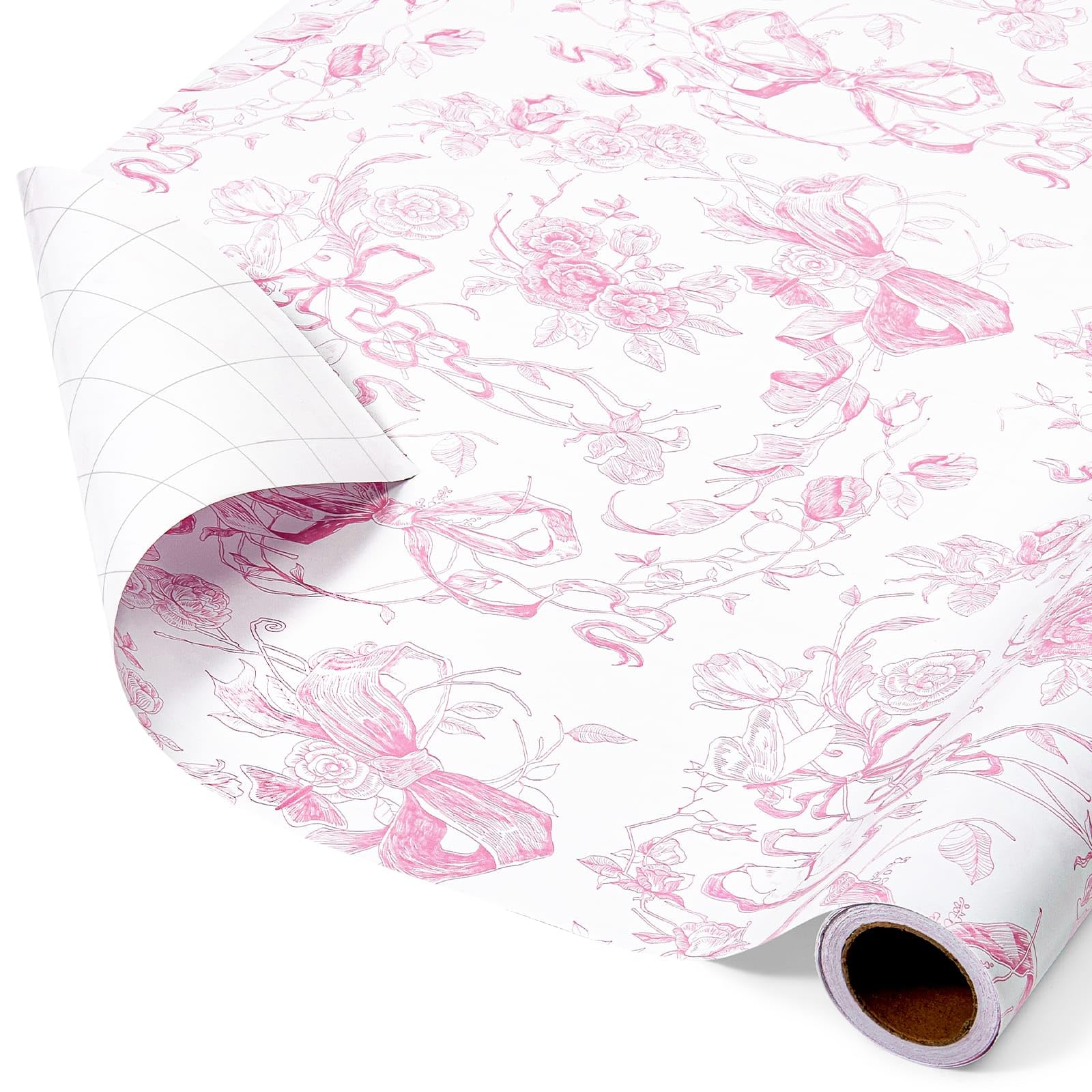 WERNNSAI Pink Bow Floral Wrapping Paper - 1 Roll 17βx 33 ft Vintage Flower Gift Wrap Paper Pink Bow Princess Gift Packing for Girls Bridal Shower Wedding Coquette Birthday Party Favor