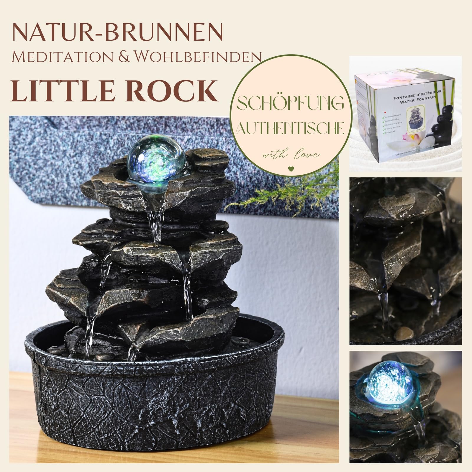 Zen'Light - Zimmerbrunnen Little Rock - Naturwasserfall mit Steineffekt und farbigem LED-Licht - Zen Tischdekoration Ideal für Meditation und Entspannung - Feng-Shui-Objekt Glück - H 23cm