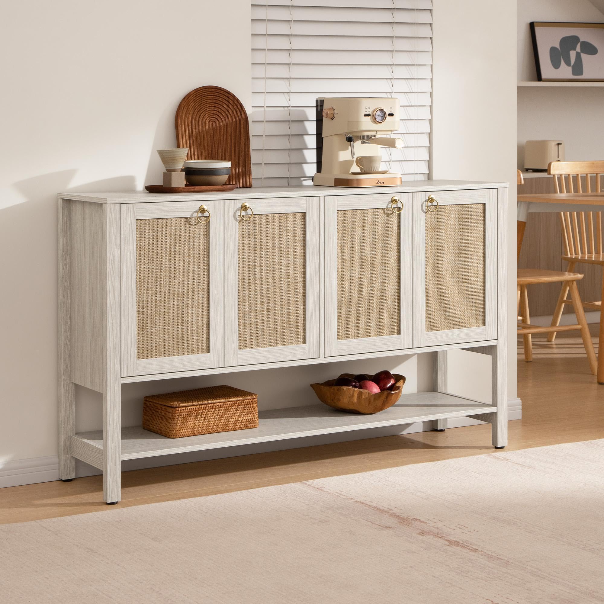 sicotas sideboard buffet cabinet with rattan doors, 55" boho coffee bar cabinet with open shelf, modern farmhouse credenza & console table for entryway, kitchen, dining room