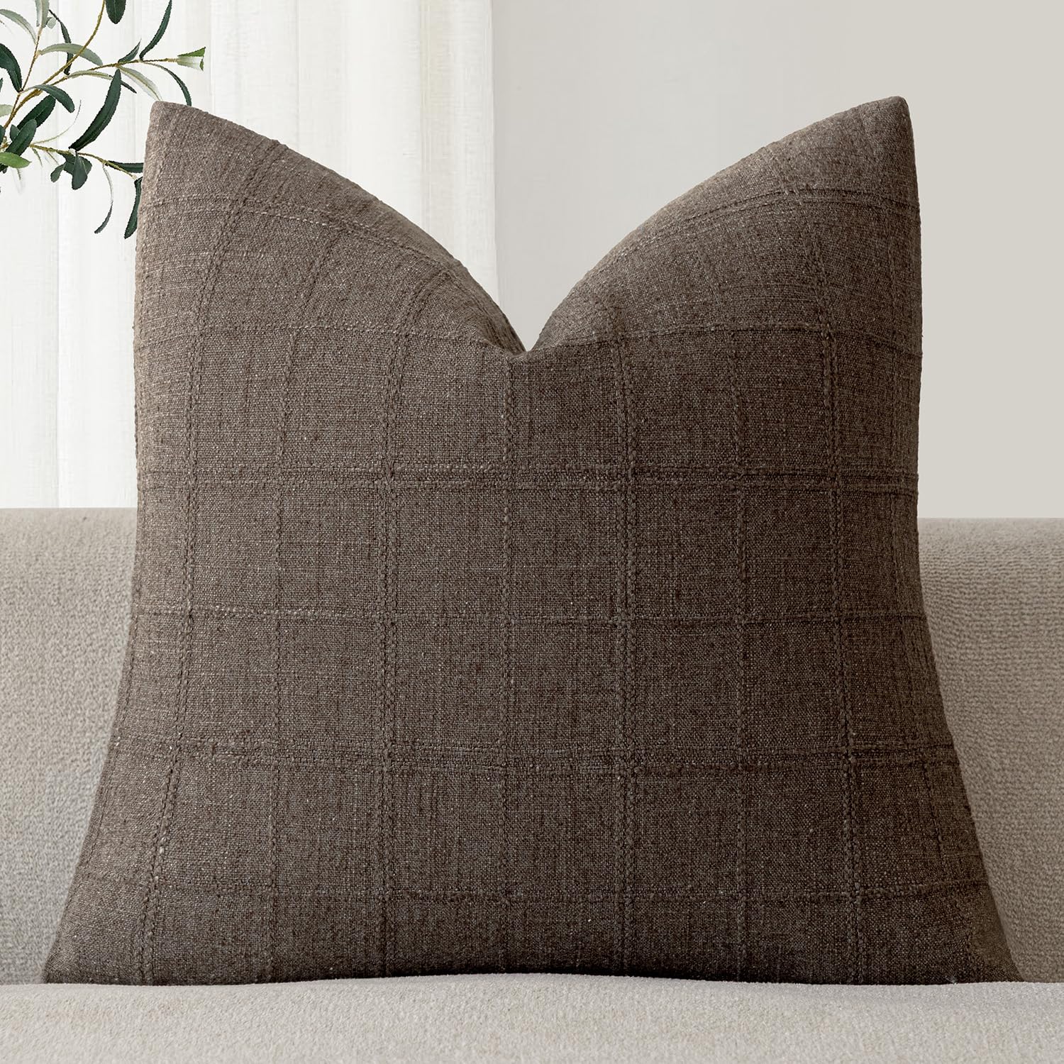 Foindtower Set of 1 Decorative Linen Check Throw Pillow Cover Neutral Farmhouse Vintage Cushion Cover Modern Boho Home Decor for Sofa Chair Couch Bedroom Living Room,26×26 Inch,Dark Brown