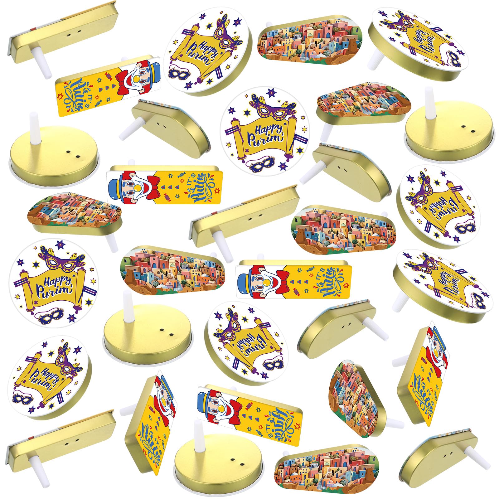 PullCrease 144 Pack Noise Makers Bulk Traditional Purim Gragger Assorted Shapes Metal Noisemaker for Purim Toy