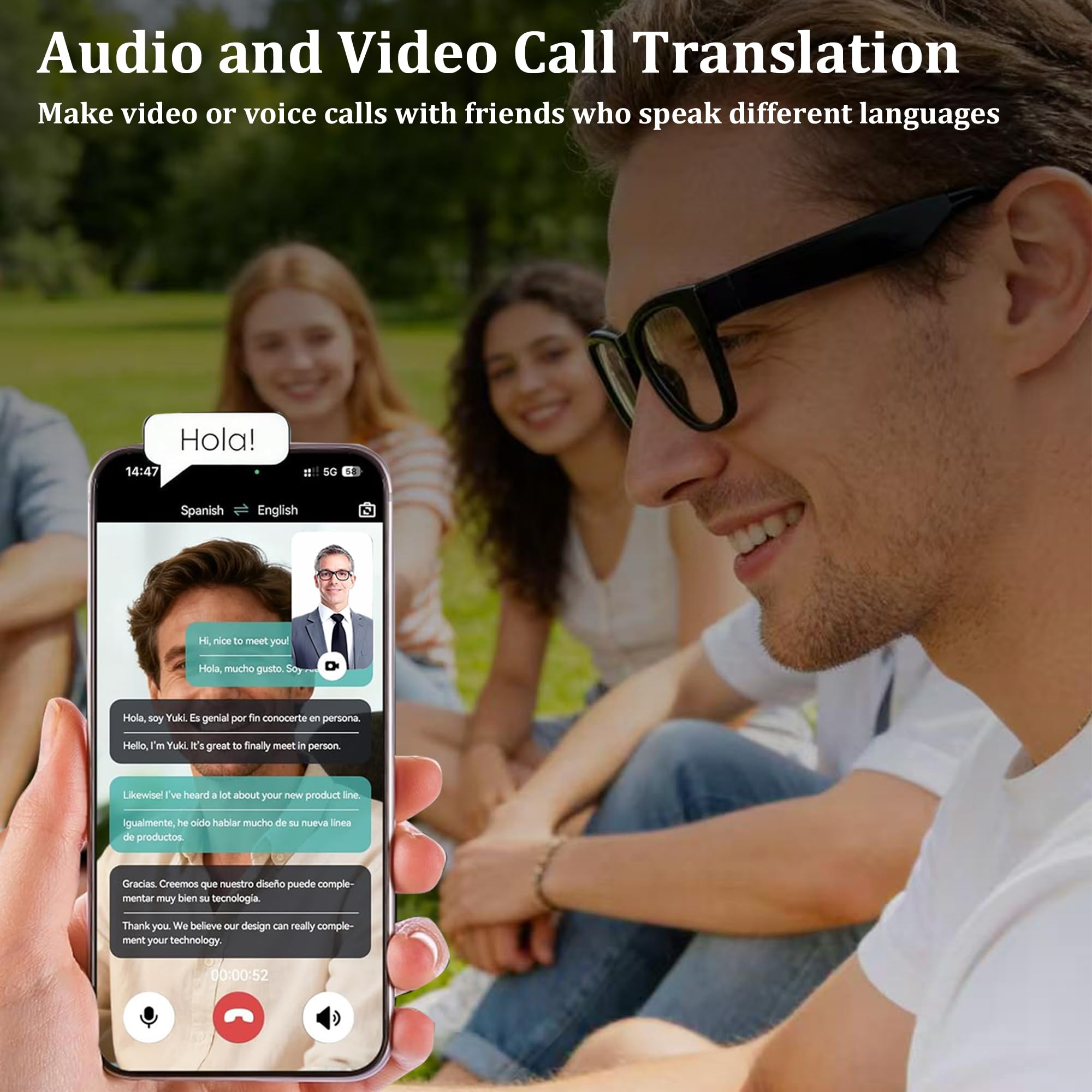 Occhiali intelligenti per traduzione intelligenti, con chat GPT, occhiali Bluetooth con traduttore in 164 lingue per uomini e donne, riproduzione musicale e chiamate in vivavoce, lenti che