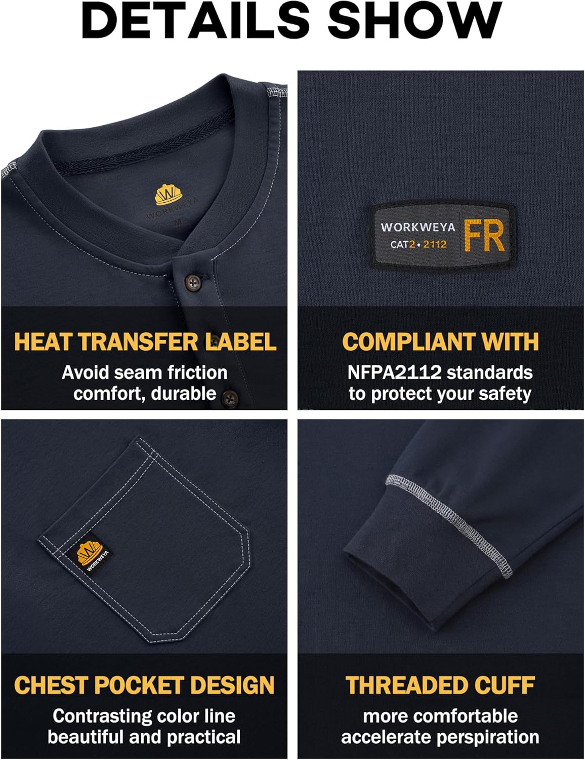 WORKWEYA FR Shirt for Men 5.5oz Lightweight 100% Cotton Flame Resistant Henley Shirt NFPA 2112
