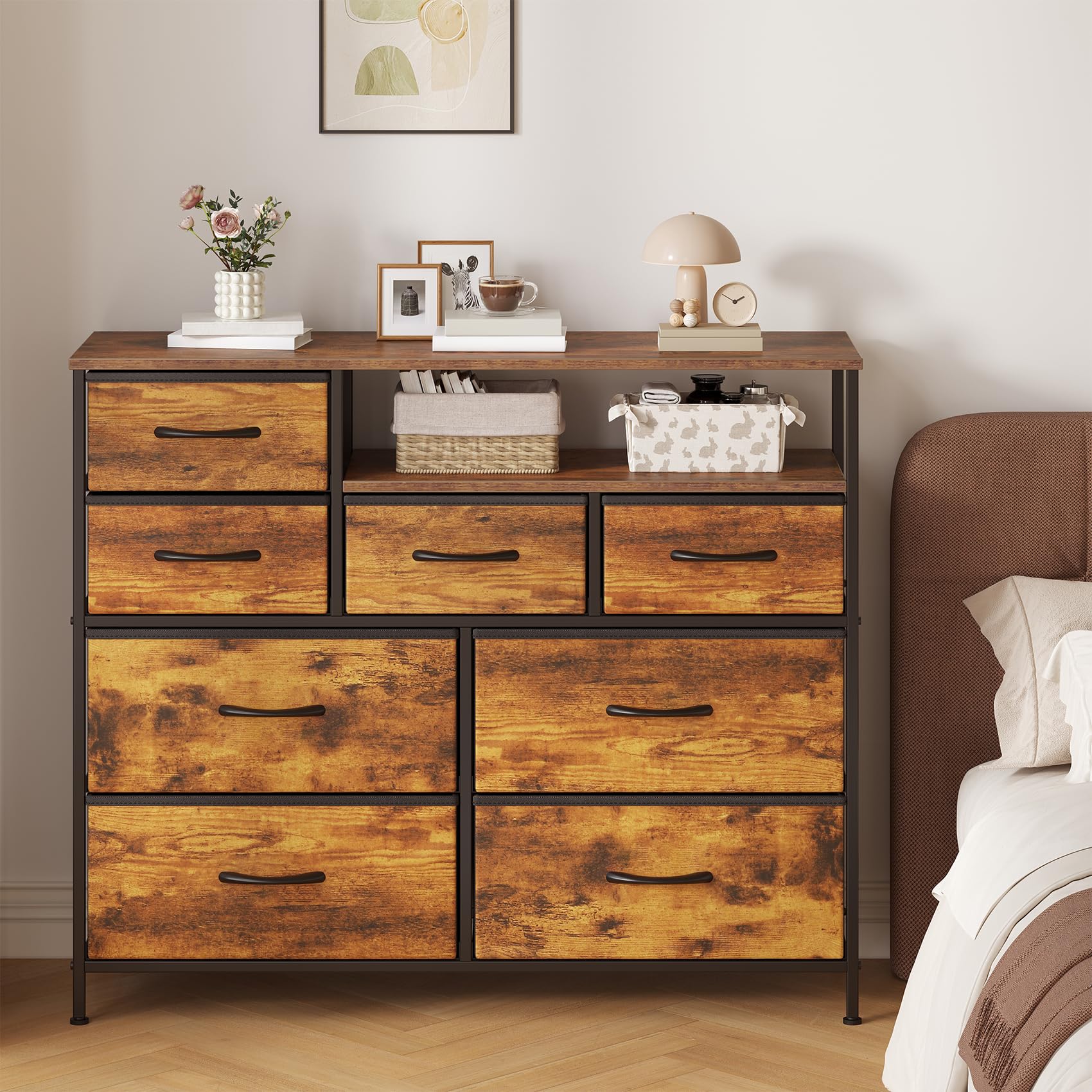 Cassettiera con 8 cassetti, cassettiera in tessuto con piano in legno, per camera da letto, soggiorno, marrone rustico