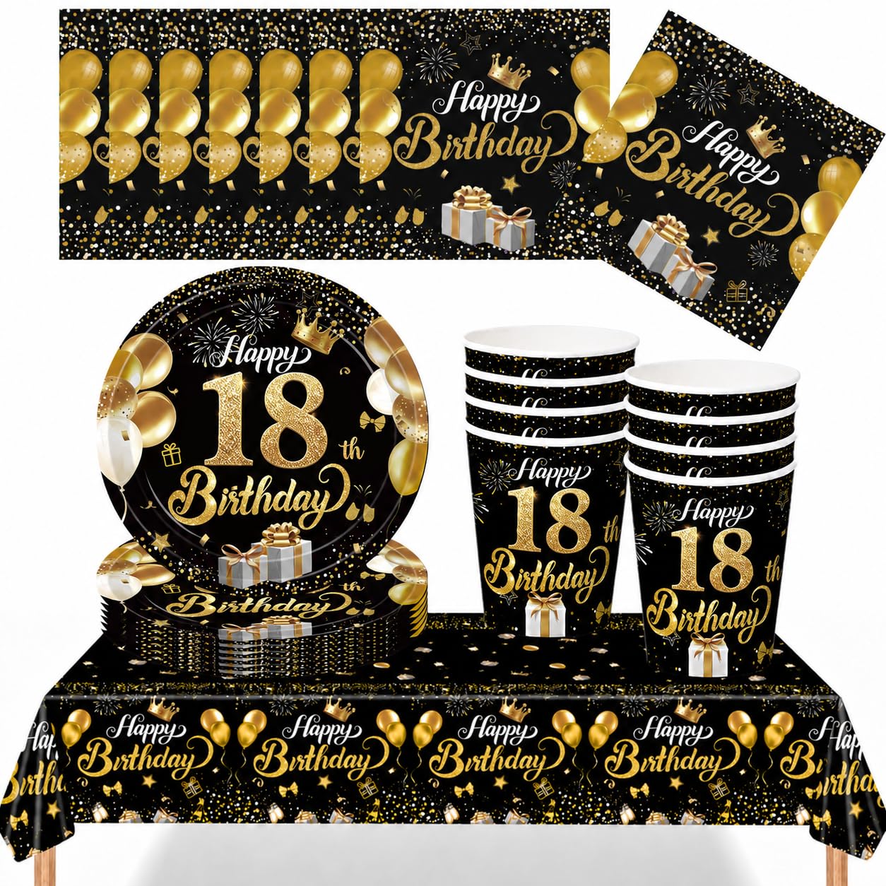 YESAH 18th Birthday Black Gold Party Tableware Set for Celebrations